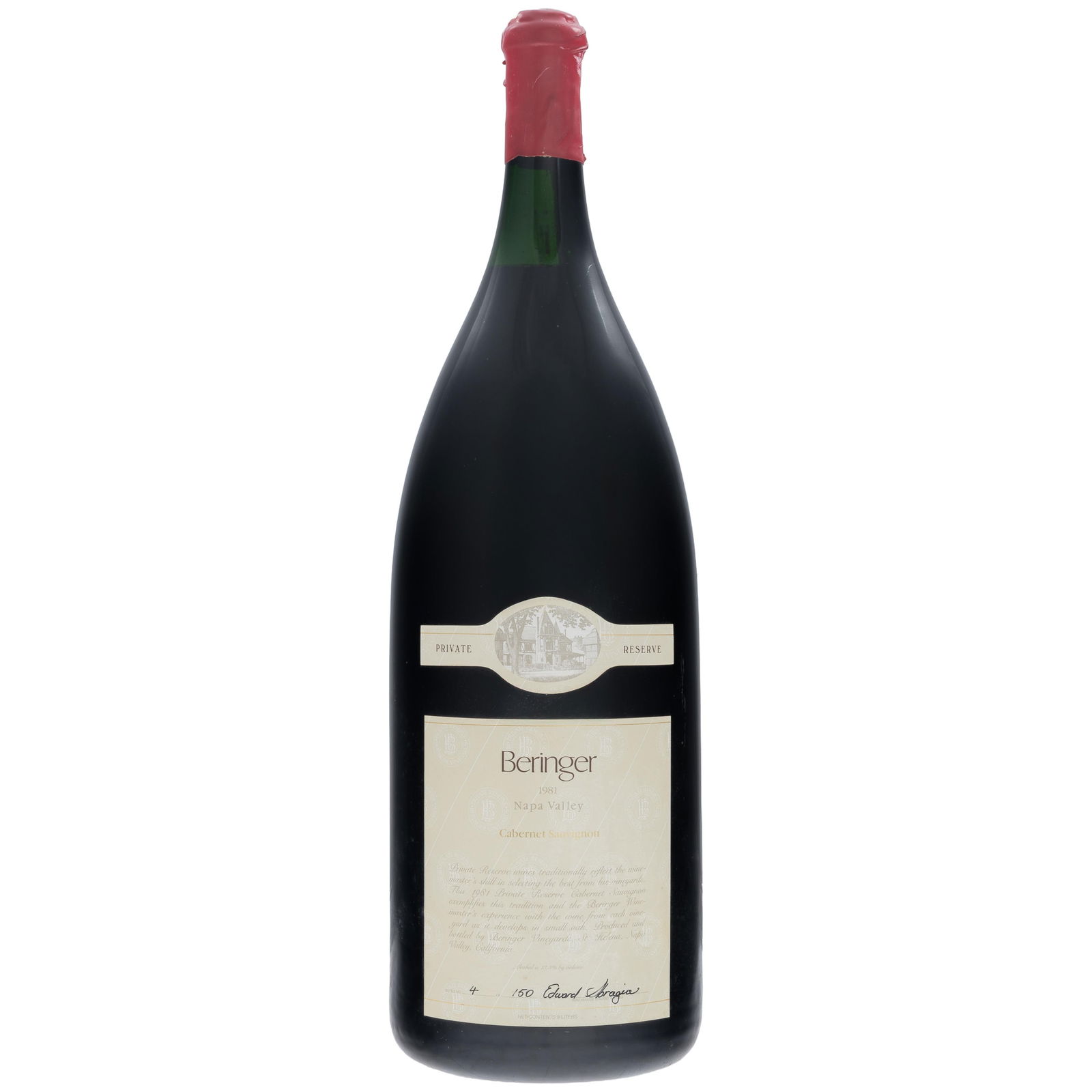 1981 Beringer Private Reserve Cabernet Sauvignon Salmanazar: 1981 Beringer Private Reserve Cabernet Sauvignon Salmanazar Napa Valley 1 bottle Salmanazar (900cl.) per lot Signed Edward Sbragia 4/150 Ullage: 6.5cm from bottom of capsule. Capsule: loss of wax
