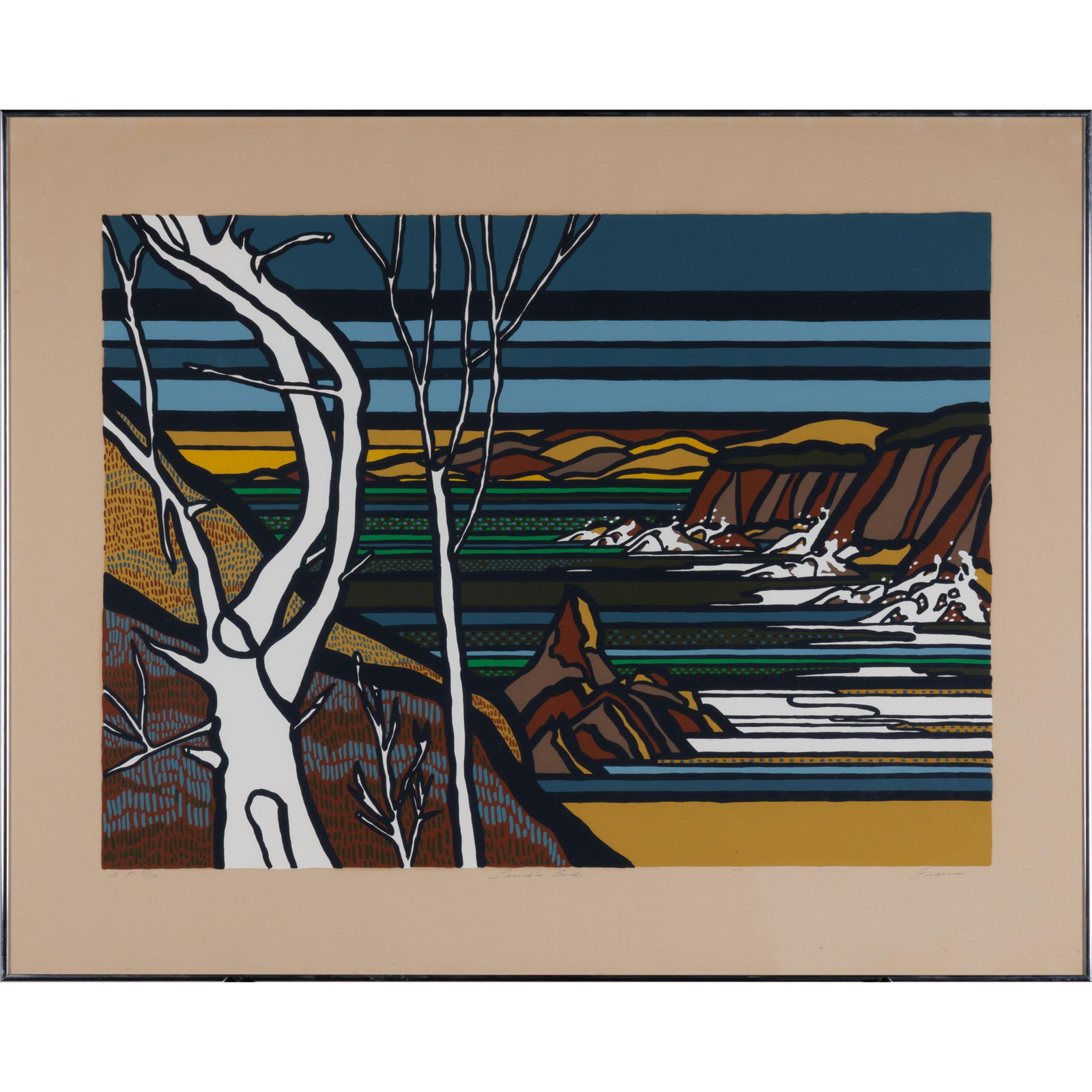 Richard Fiscus (American, 1926-2006): Richard Fiscus (American, 1926-2006) Land's End, from the portfolio Golden Gate Suite, circa 1969. Color screenprint on Arches paper, signed and titled in pencil, annotated 'AP 2/15' (aside from the