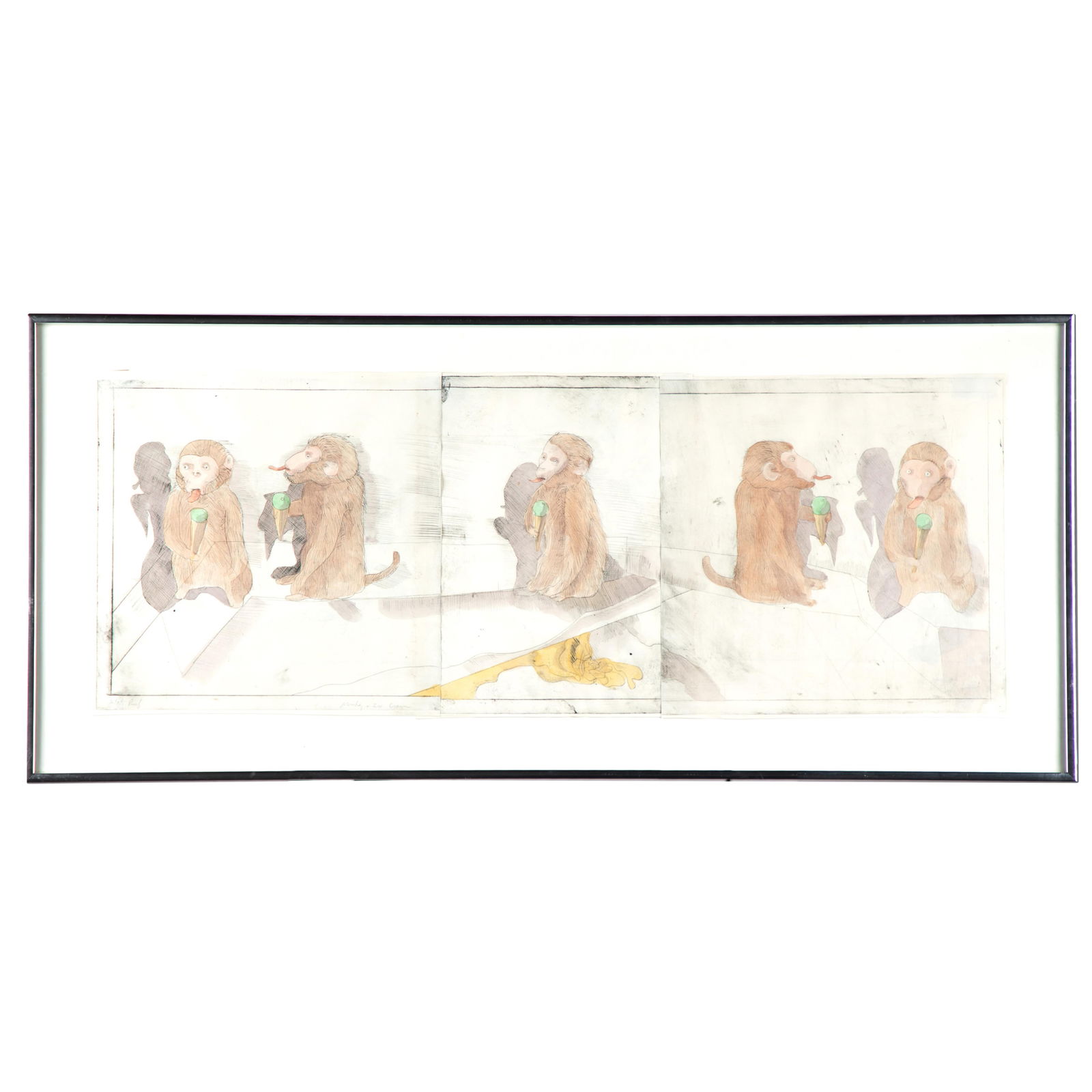 Robert Andrew Parker (American, 1927-2023).: Robert Andrew Parker (American, 1927-2023). Monkey and Ice Cream. Drypoint and watercolor on paper, titled in pencil and annotated, Artist's Proof, framed. 11 3/4 x 31 1/2 in. (30 x 80cm). 16 1/4 x