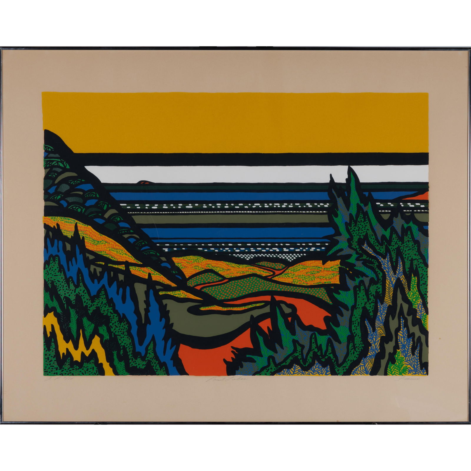 Richard Fiscus (American, 1926-2006).: Richard Fiscus (American, 1926-2006). Point Lobos, from the portfolio Golden Gate Suite, circa 1969. Color screenprint on Arches paper, signed and titled in pencil, annotated 'AP 2/15' (aside from