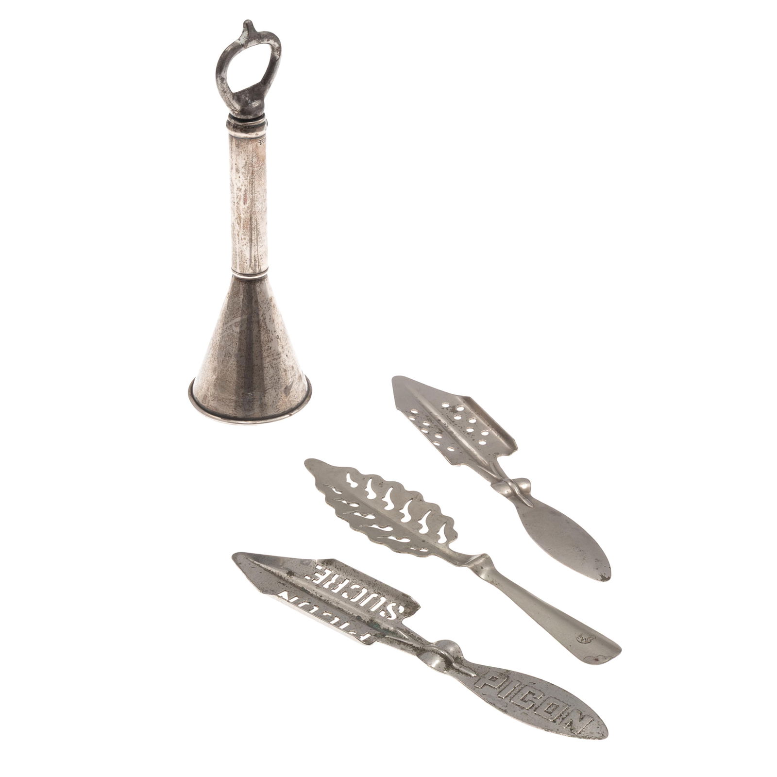 Collection of Vintage Barware: Collection of Vintage BarwareThree Absinthe spoonsSterling shot glass with corkscrew