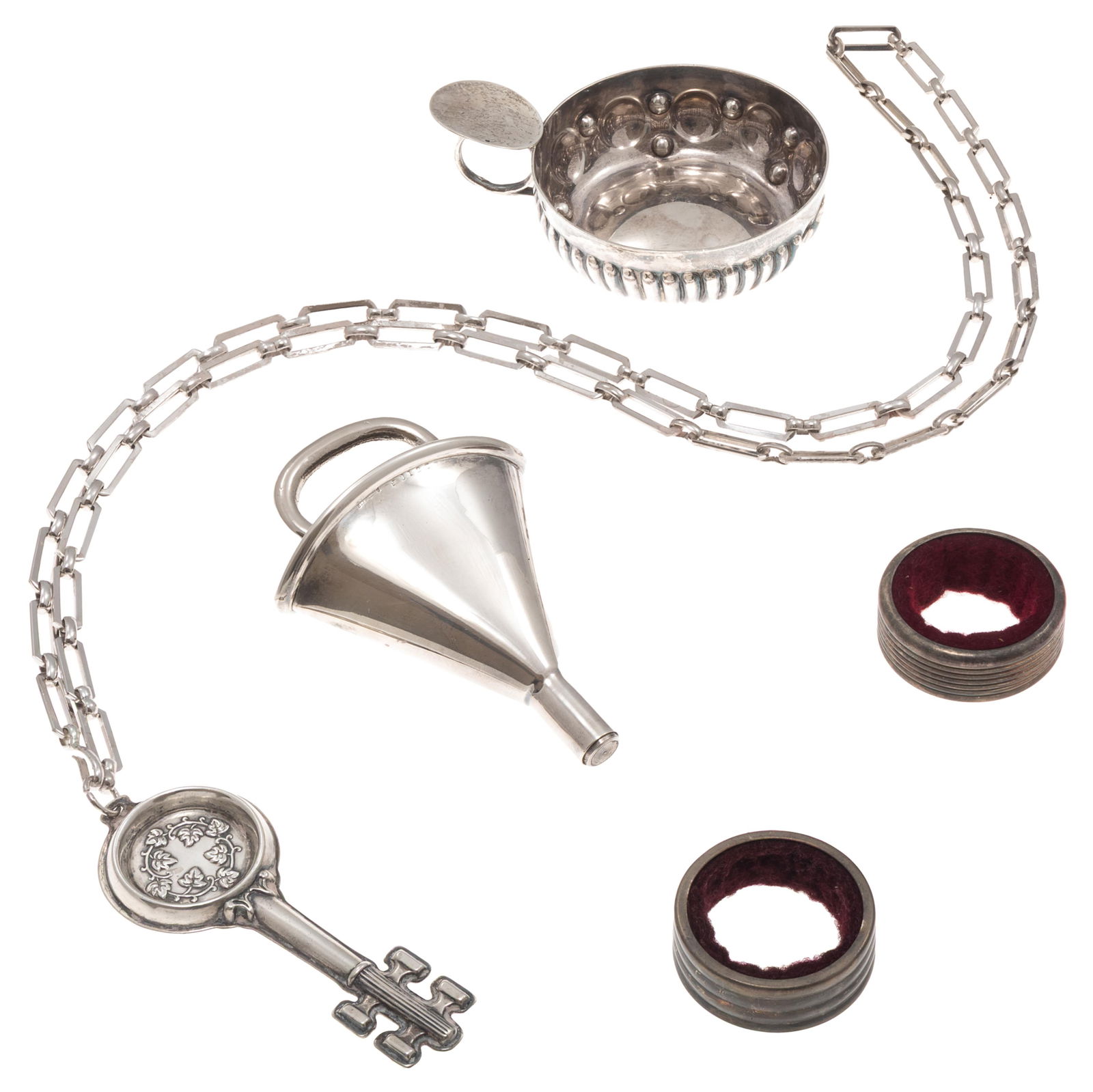 Sommeliers Set: Sommeliers SetReed and Burton sterling silver wine key on chainSterling wine cupTwo Silver Pated wine bottle drip collarsSterling Silver wine funnel with bottle opener in case