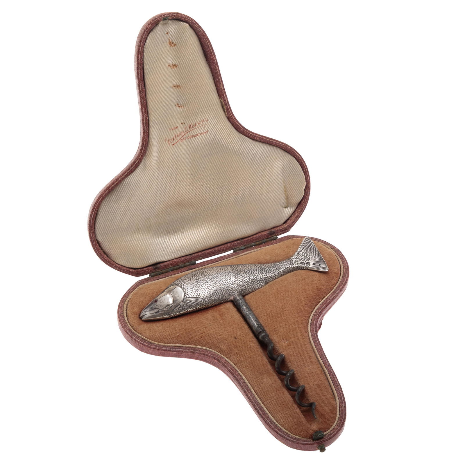 Silver Salmon Corkscrew: Silver Salmon CorkscrewThe handle is fashioned as a cast silver fish, featuring intricate scales and a tail marked with the British registered design number 'Reg. No. 254376' with British HallmarksThe
