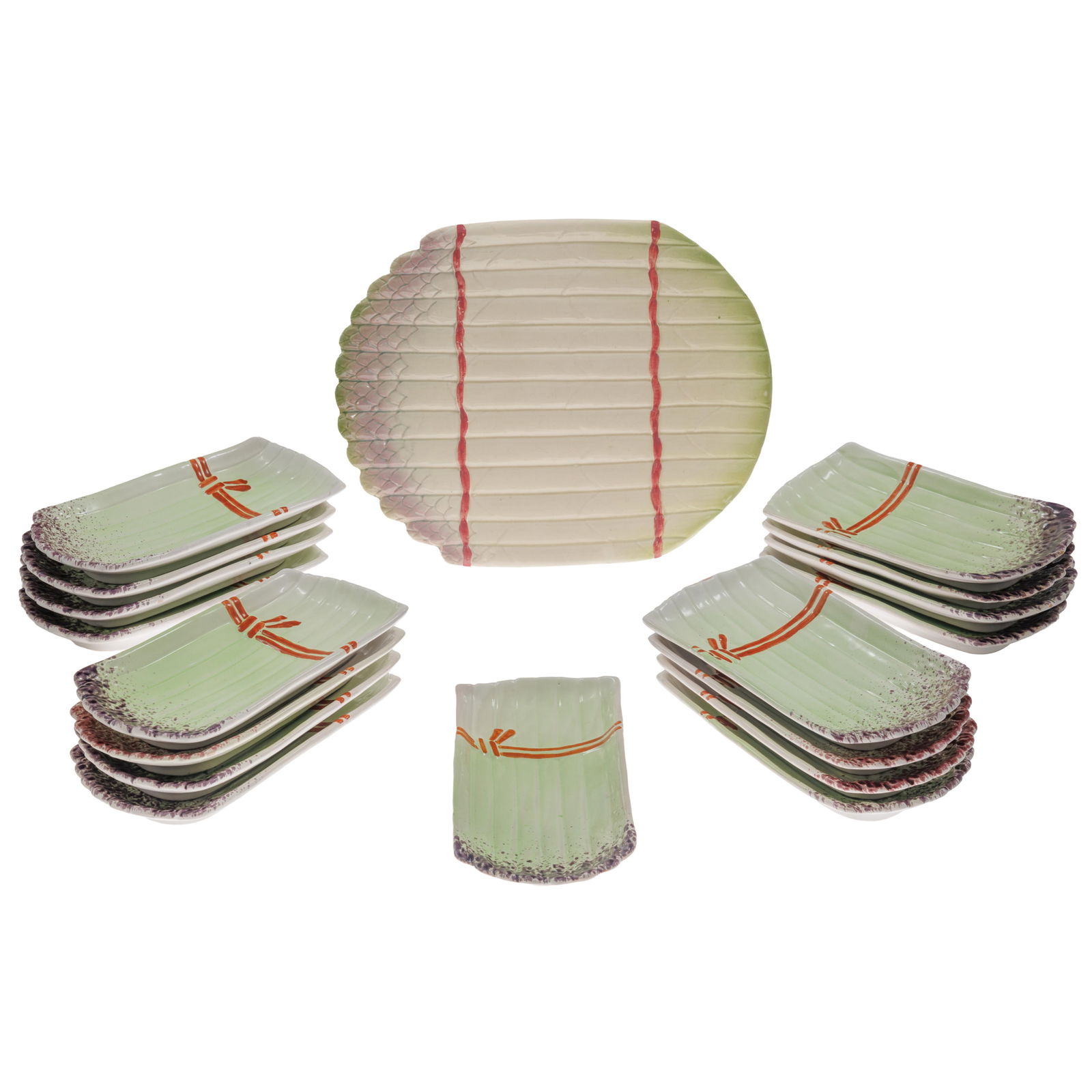 Italian Ceramic Asparagus plates: Italian Ceramic Asparagus plates Seventeen plates molded as a serving of bundled asparagus spears 9 1/2in x 5in (24cm. x 12cm) and a serving platter 13 1/2 x 11in (34cm. x 28cm) Marked: Liebes