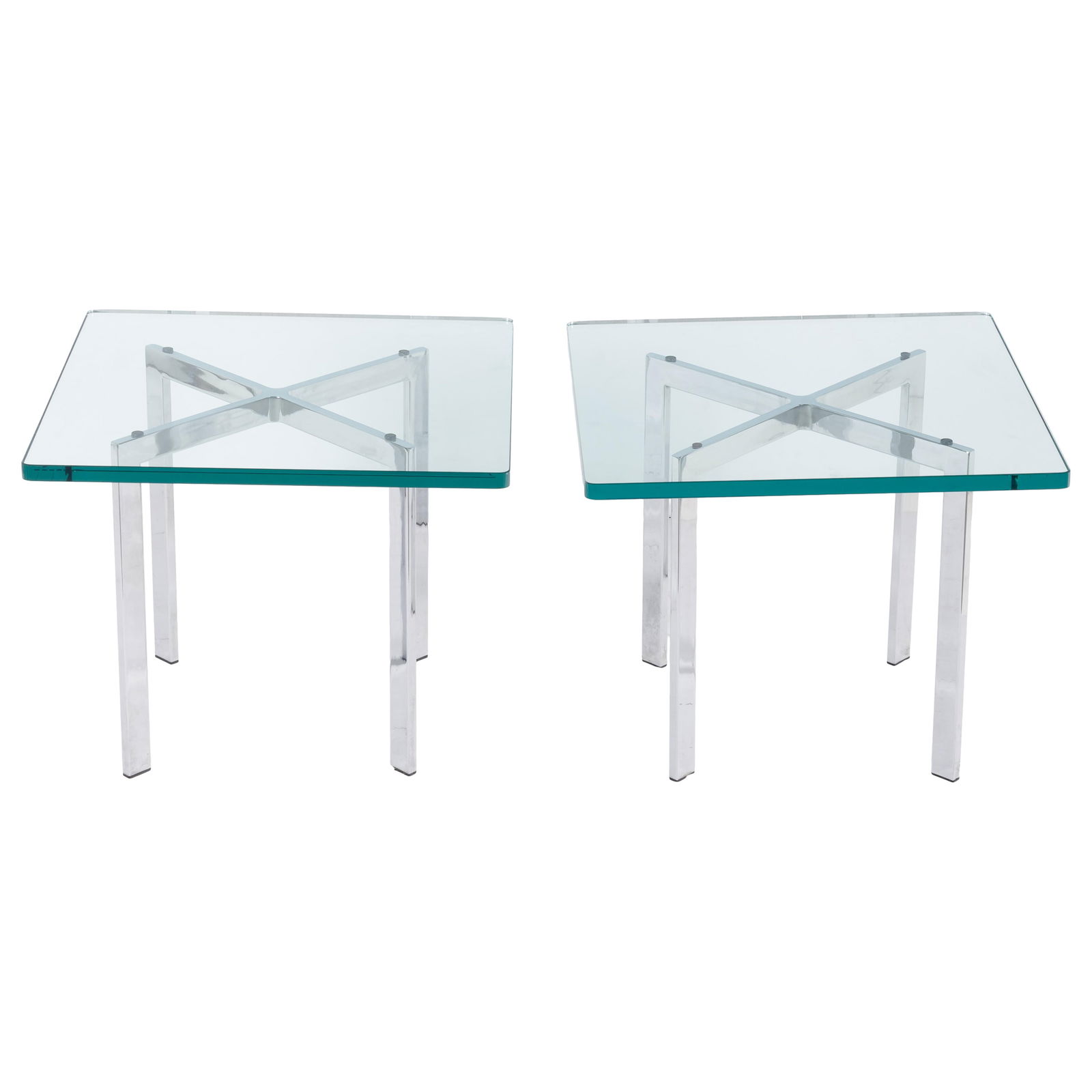 Knoll Barcelona Side Tables: Knoll Barcelona Side Tables Ludwig Mies van der Rohe for Knoll. Each with a square glass top supported on polished steel X-form supports 16in (41cm) h. 20in (51cm) sq.