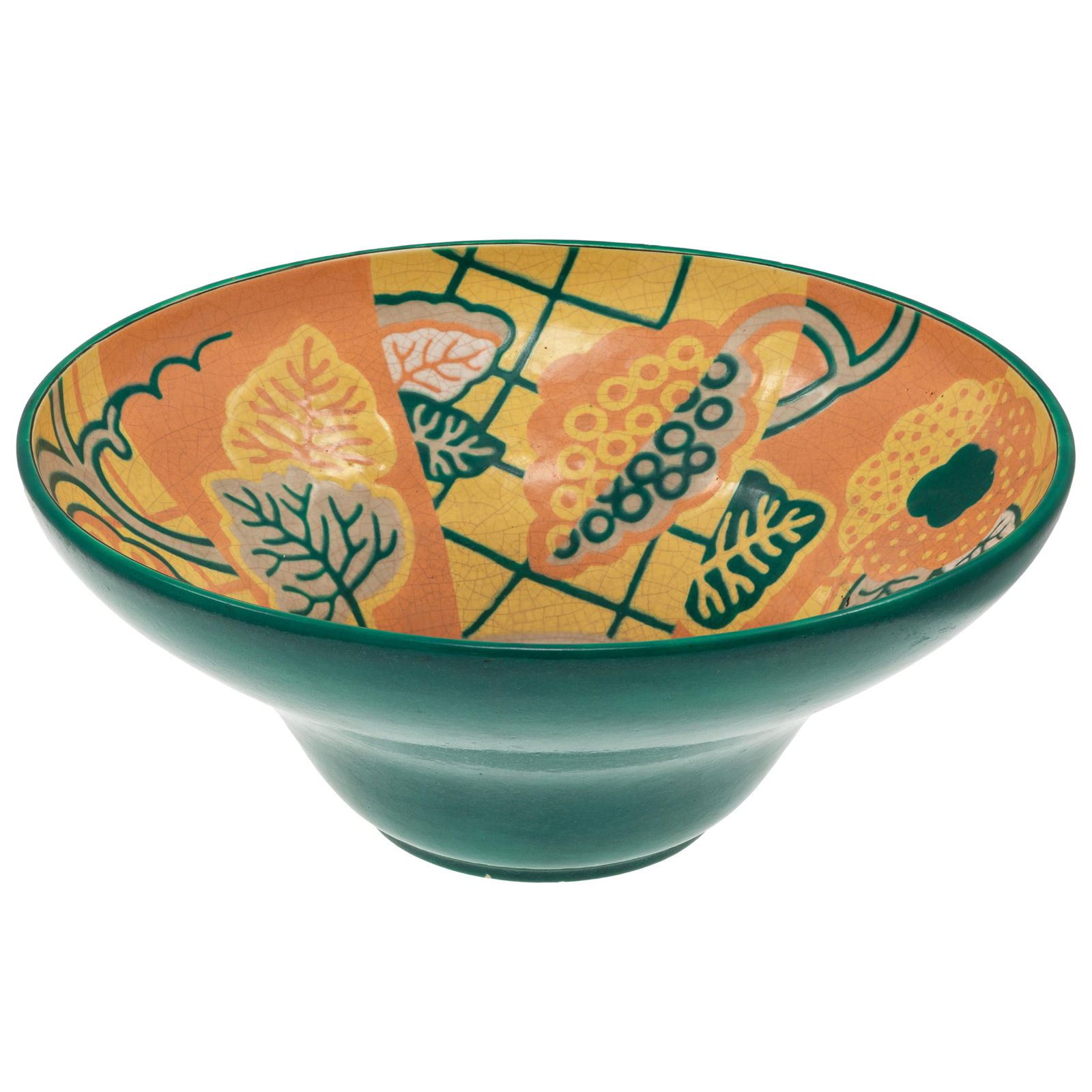 Art Deco Bowl Art Deco (Faienceries et ?maux de Longwy) for the Atelier Primavera: Art Deco Bowl Art Deco (Faienceries et ?maux de Longwy) for the Atelier Primavera Art Deco large bowl by Sigismund Olesiewicz, known as Jean Olin Decorated with fruit and flowers in a Cubist style.