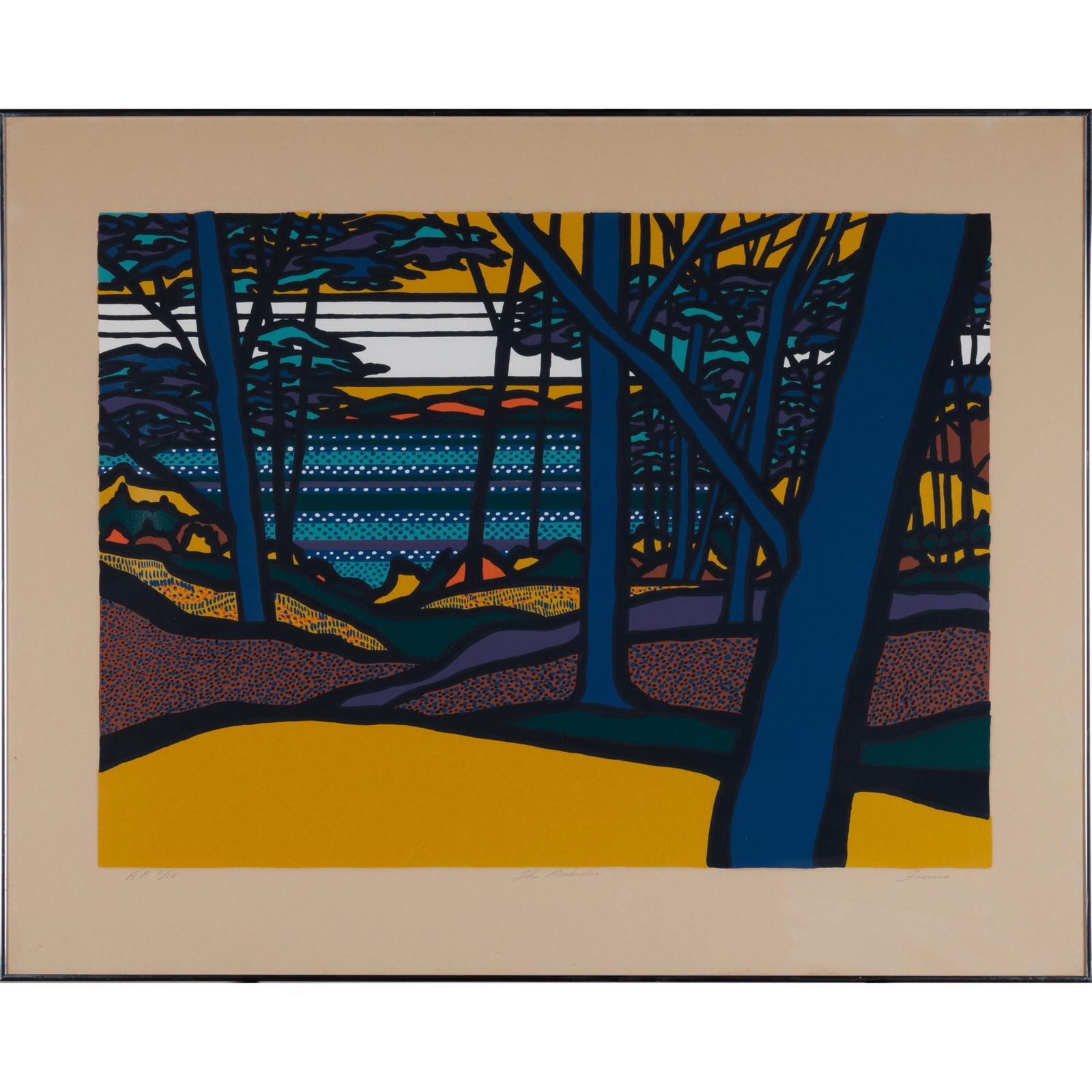 Richard Fiscus (American, 1926-2006).: Richard Fiscus (American, 1926-2006). The Presidio, from the portfolio Golden Gate Suite, circa 1969. Color screenprint on Arches paper, signed and titled in pencil, annotated 'AP 2/15' (aside from