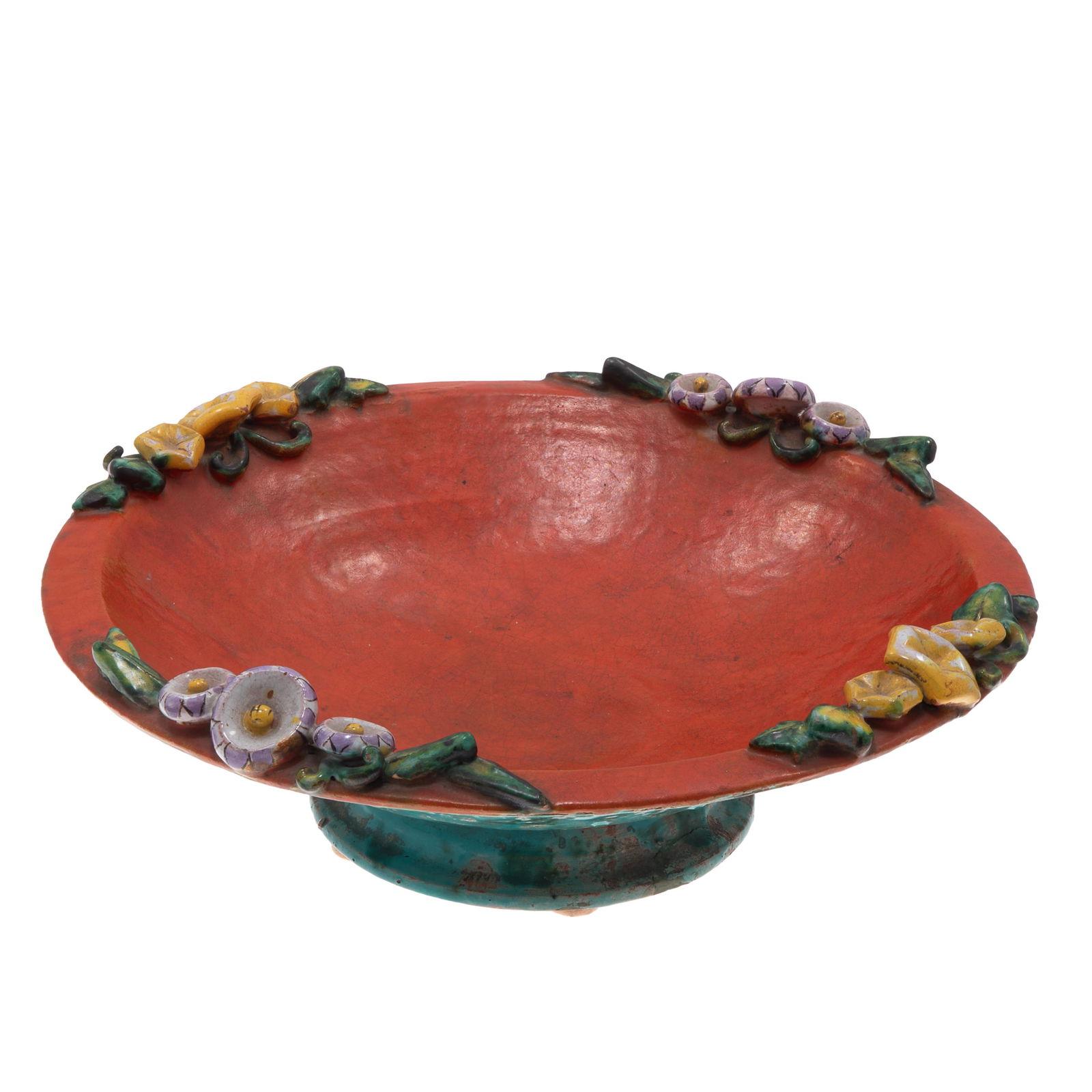Ceramic Bowl Weiner Werkstatte Era: Ceramic Bowl Weiner Werkstatte Era The low bowl decorated on the rim with applied flora garlands. 4in (10cm) h. 13in (33cm) d. Stamped Made in Austria