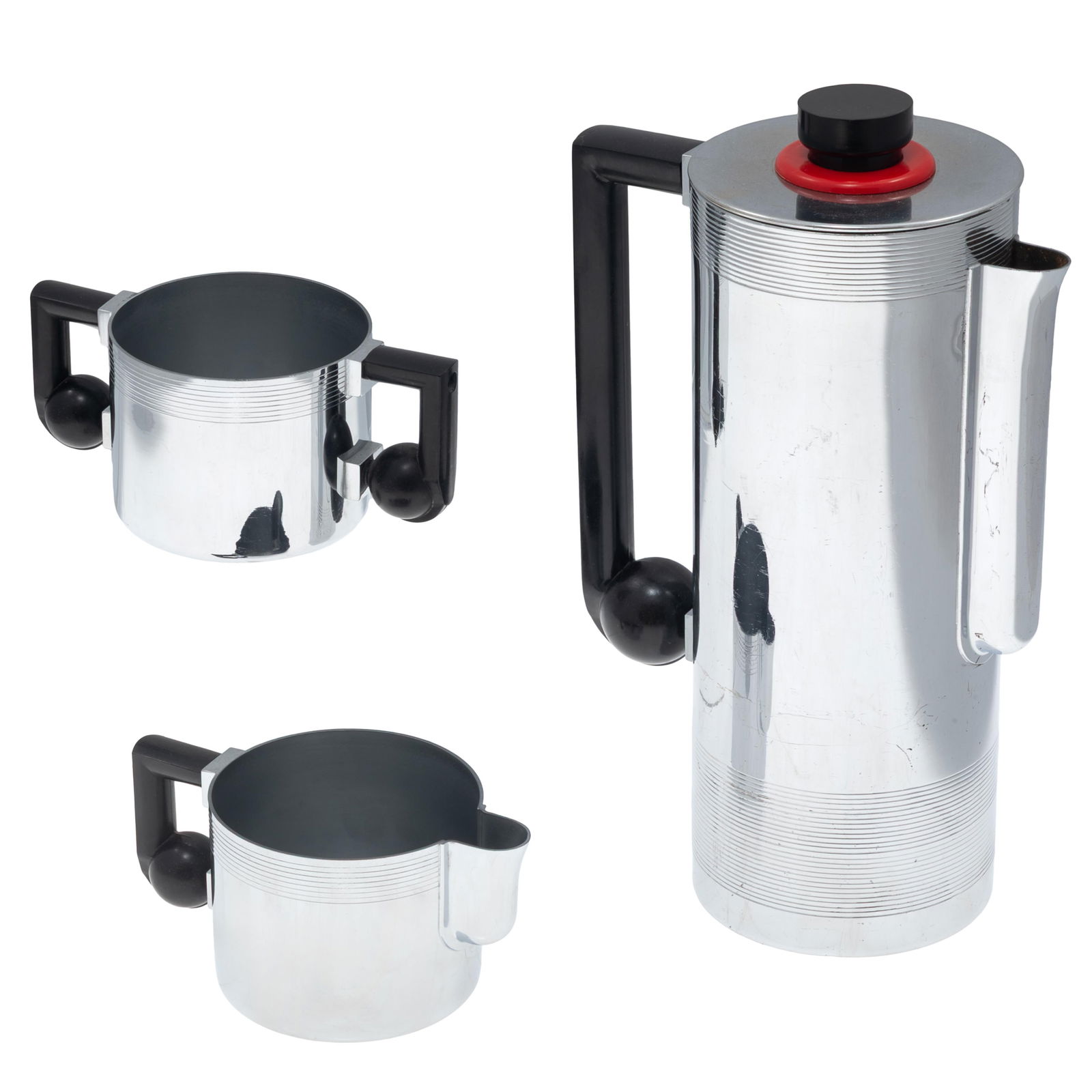 Coffee Set Designed for Bruce Hunt Company, C.R.Theodore Hess (American 1873-1937): Coffee Set Designed for Bruce Hunt Company C.R.Theodore Hess (American 1873-1937) Chromium-plated coffee pitcher, creamer, and sugar with black bakelite handles. The cream and sugar marked,