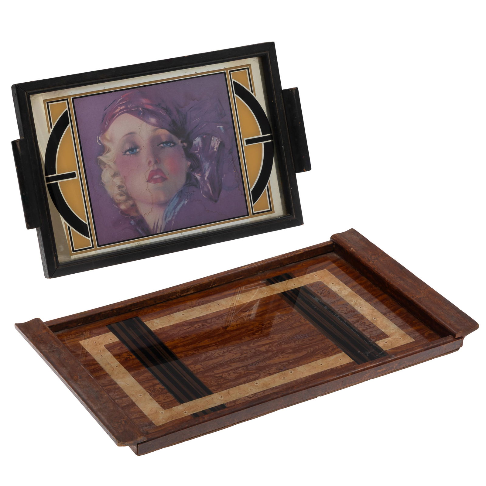 Art Deco Cocktail Trays: Art Deco Cocktail Trays The one depicting an idealized Art Deco beauty, Indistinctly signed 14 1/2in x 9 1/2in (37cm. x 24cm) The second of geometric inlay with exotic woods. 17 1/2in. x 10 1/2in