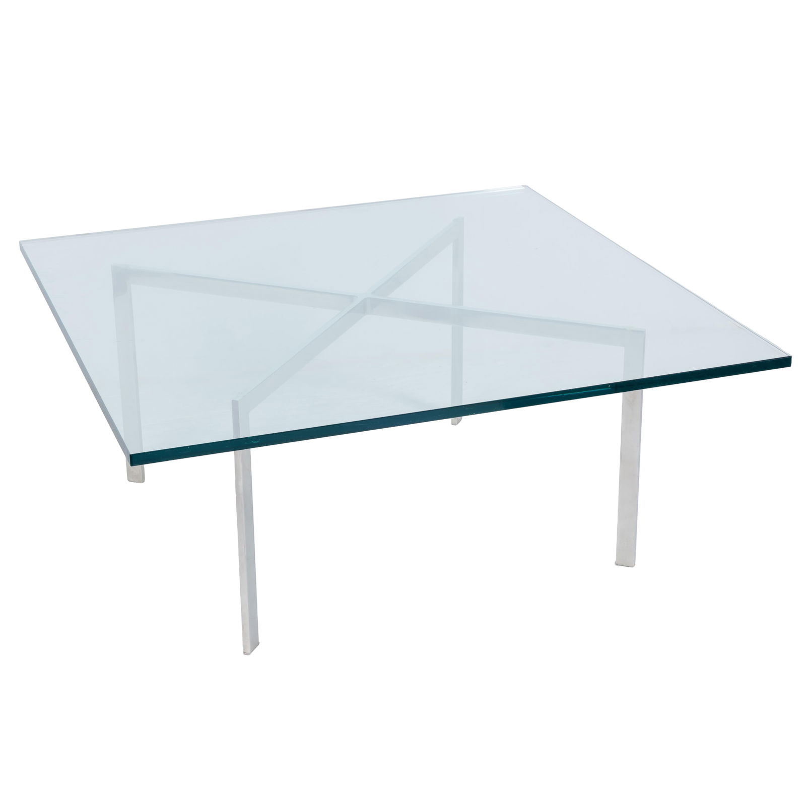 Knoll Barcelona Cocktail Table: Knoll Barcelona Cocktail TableWith a rectangular glass top supported on a chrome cross base.16 1/2in (42cm. h. 4oin (102cm) sq.