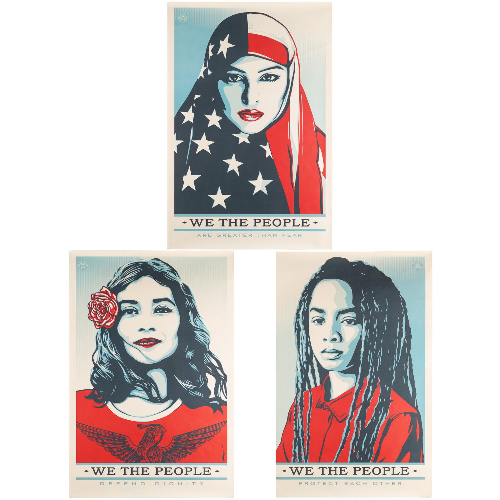 Shepard Fairey (American, b. 1970).: Shepard Fairey (American, b. 1970).We the People - Are Greater than Fear, 2017.Three offset color lithographs, not signed.36 1/4 x 24in. (92.5 x 61cm/each sheet).