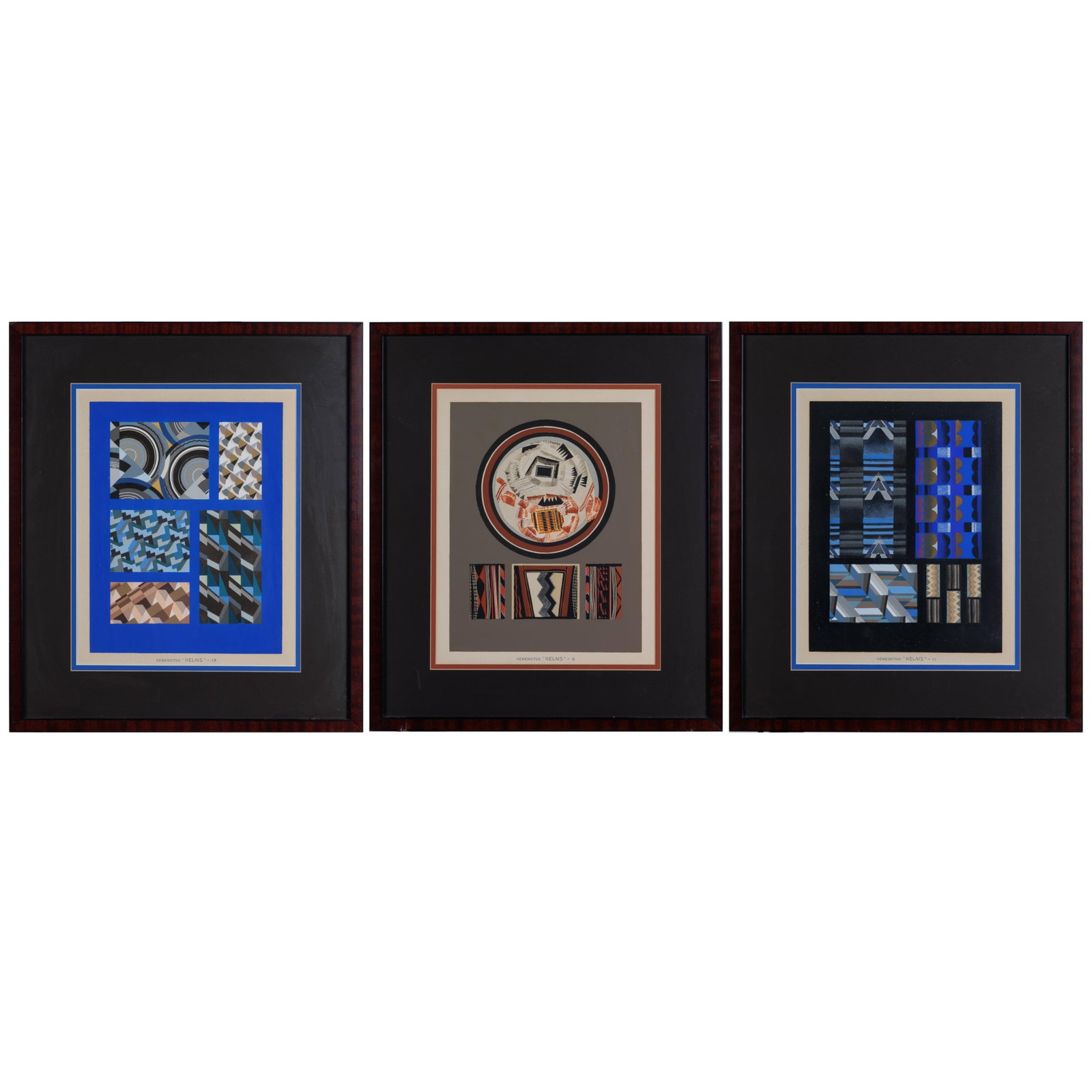 Edouard Benedictus (French, 1878-1930).: Edouard Benedictus (French, 1878-1930). Relais 1930, Plates 6, 11, 13. Three pochoir prints, each framed. 23 1/2 x 20 1/4in. (59.2 x 51.5cm/each frame). From the former Premier Art Deco Store 'Decoden