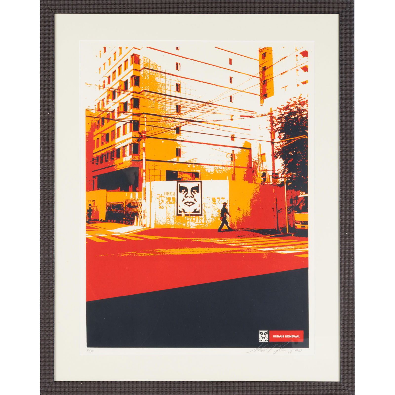 Shepard Fairey (American, b. 1970).: Shepard Fairey (American, b. 1970).Osaka White Wall, from Urban Renewal series, 2000.Color screenprint, signed and dated in pencil, numbered 38/200, the full sheet, framed.24 x 18in. (61 x 45.5cm/shee