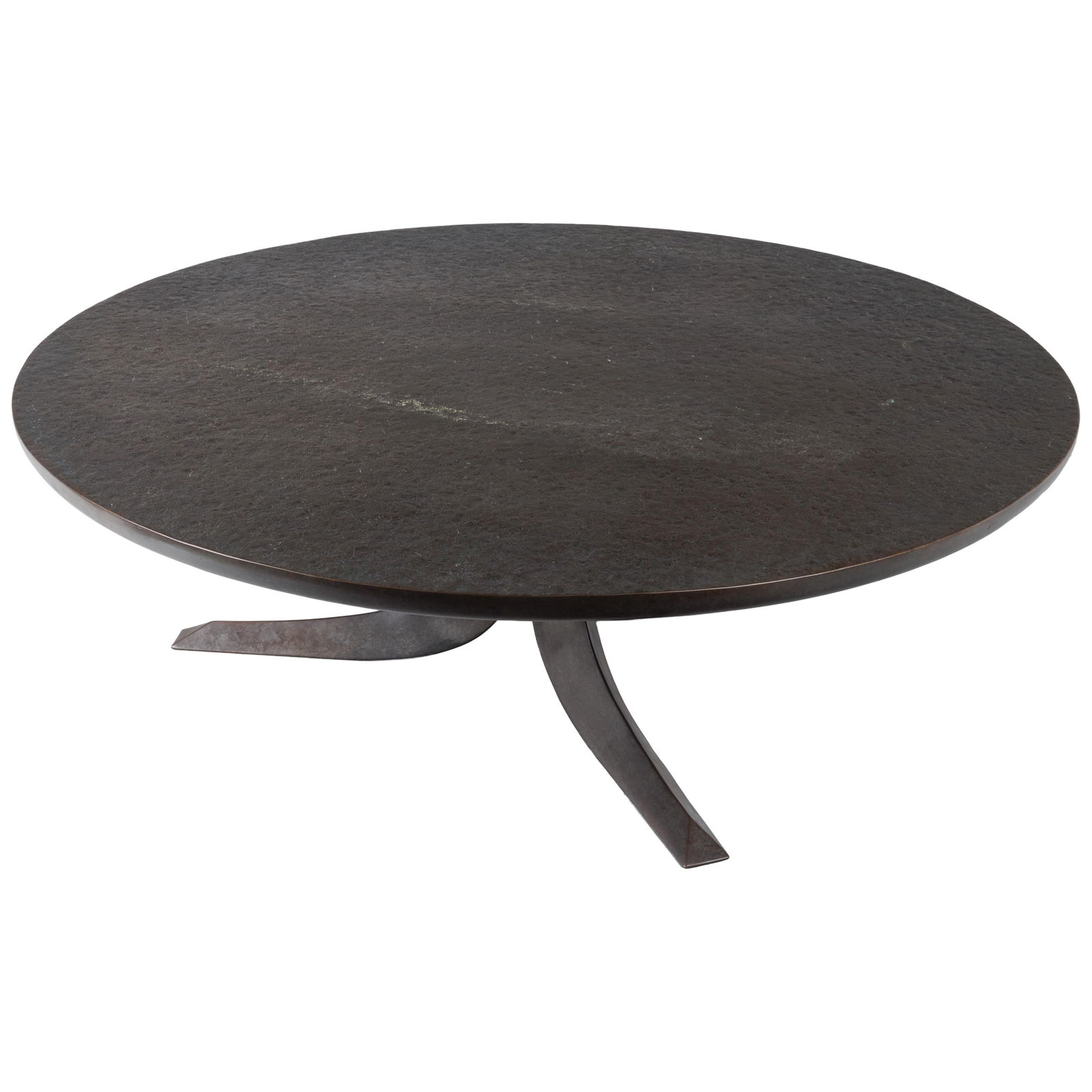 Archie Held Bronze Coffee Table: Archie Held Bronze Coffee Table The rough hewn style circular to raised on scooped legs. 18in (46cm) h. 49in (125cm) d