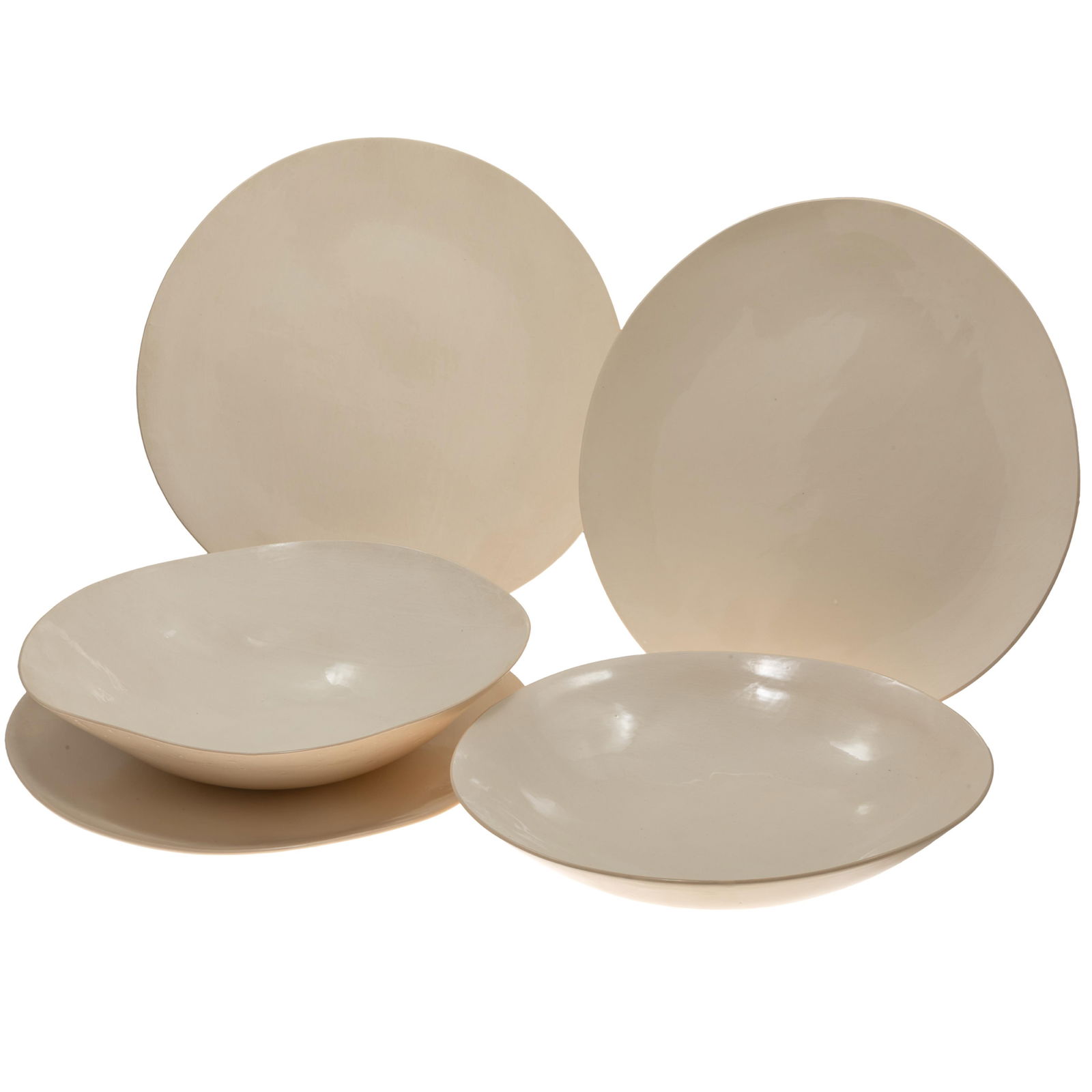 Brickett Davda Ceramics: Brickett Davda Ceramics Cream Glaze, Five pieces, including; Three 14in platters, Two 2in x 14in bowls