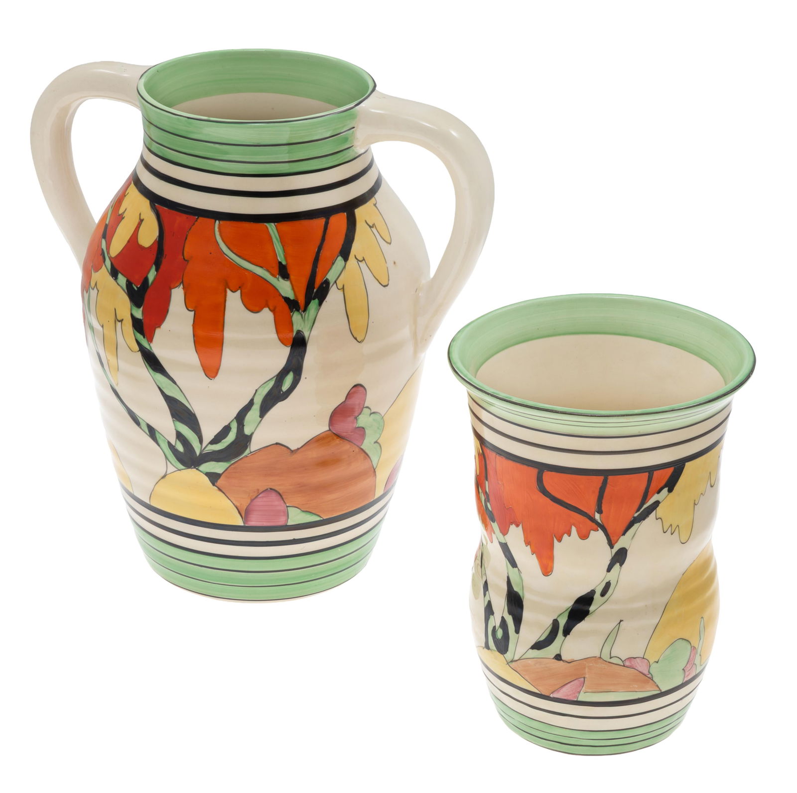Clarice Cliff (English 1899-1972, Lotus Pattern: Clarice Cliff (English 1899-1972 Lotus Pattern A Jug and a vase, both Lotus pattern. Two handled jug Marked on base by Clarice Cliff, Newport Pottery England. Impressed ISIS 9 3/4in (25cm) h. A