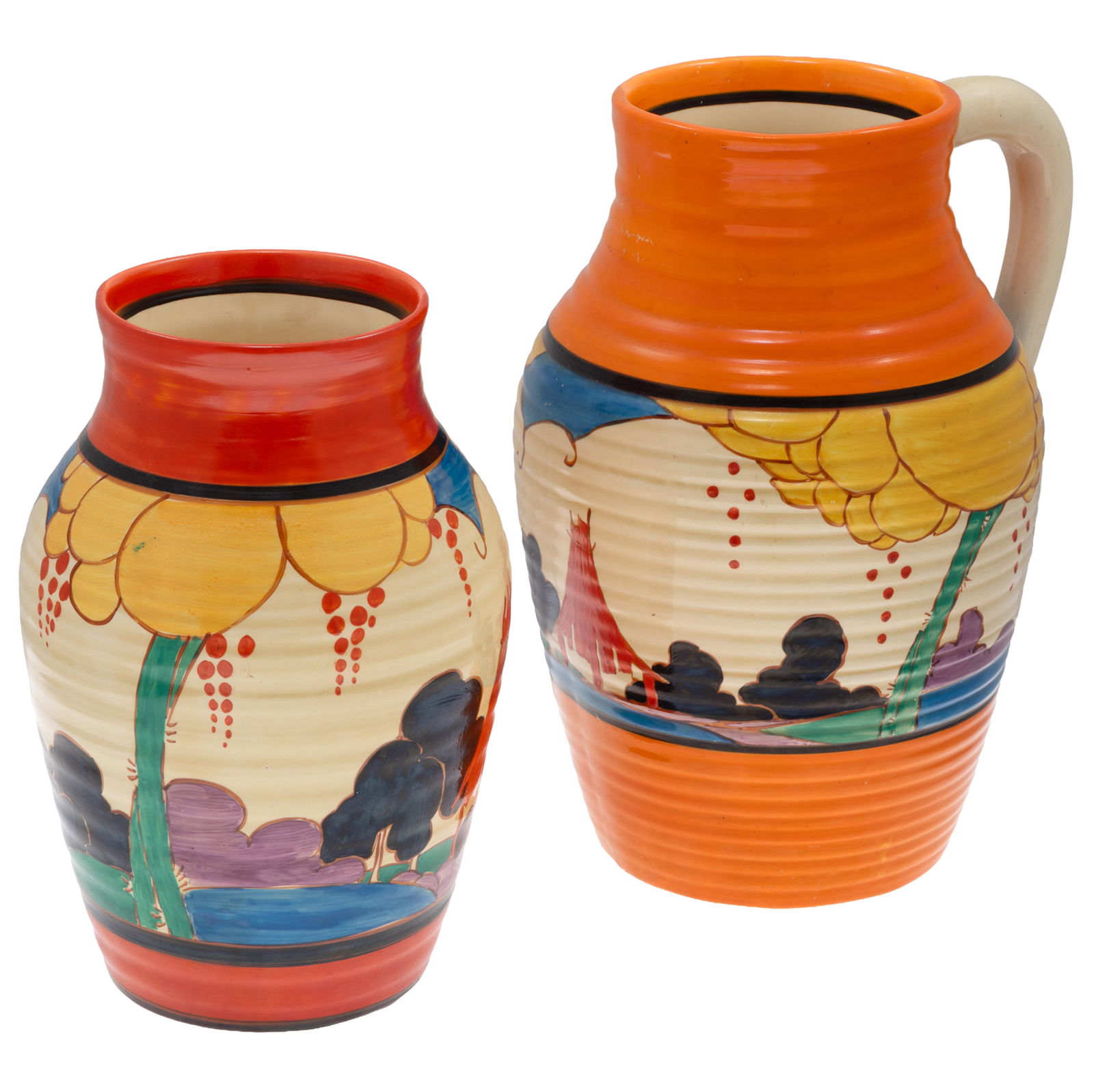 Clarice Cliff (English 1899-1972) Pitcher and Vase: Clarice Cliff (English 1899-1972) Pitcher and Vase Both 'Summerhouse' pattern, The vase marked Bizarre by Clarice Cliff. Wilkinson Ltd. England Impressed ISIS 9 3/4in (25cm) h The pitcher marked