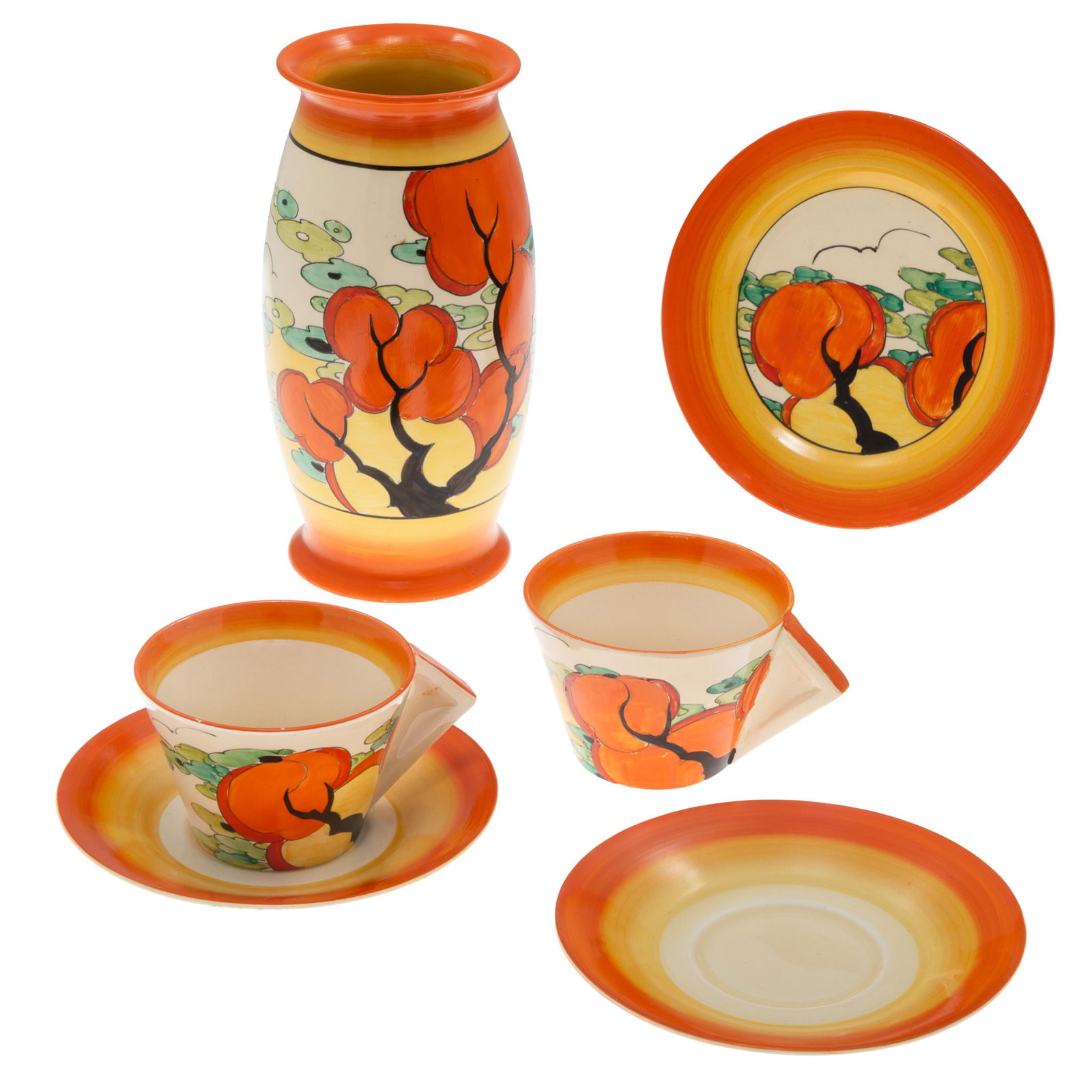 Clarice Cliff (English 1899-1972), Orange Pattern Collection: Clarice Cliff (English 1899-1972) Orange Pattern Collection Comprising a vase 8in (20cm) h two tea cups 2 1/2in (7cm) h. two saucers 6om z015cm) d and a dessert plate 6in (15cm) d. All Marked Hand