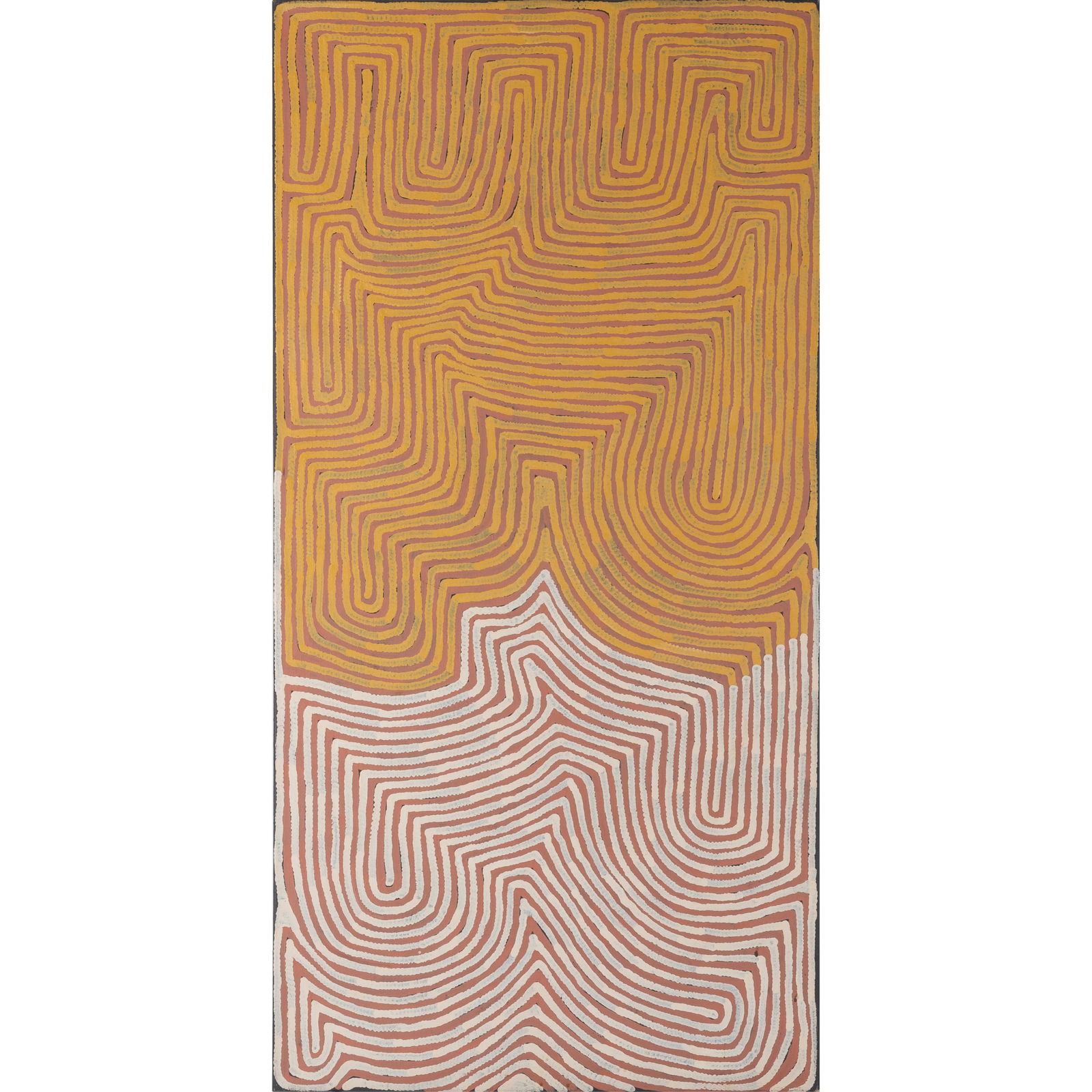 Ronnie Tjampitjinpa (Australian, 1943-2023).: Ronnie Tjampitjinpa (Australian, 1943-2023). Untitled. Acrylic on linen, signed on canvas verso. 48 x 24in. (122 x 61cm). This painting depicts body paint designs associated with the Emu Dreaming at