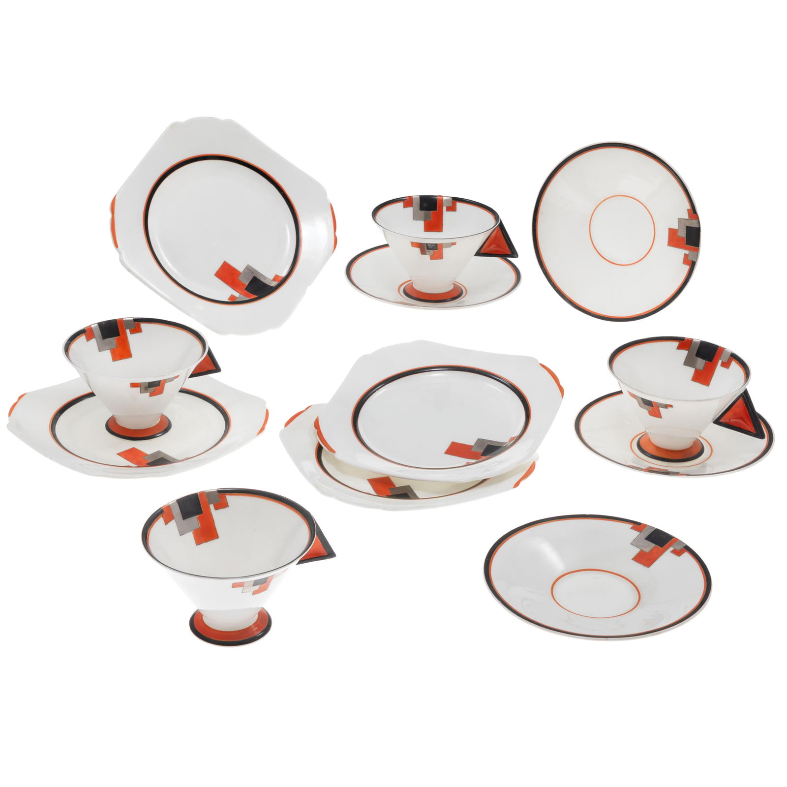 Shelly Art Deco Tea Set, Red Blocks Pattern: Shelly Art Deco Tea Set Red Blocks Pattern Red Block pattern comprising four 2in tea cups, four 6in saucers and four 7in plates. designed in 1930 by Eric Slater. Condition, Very good, no chips or