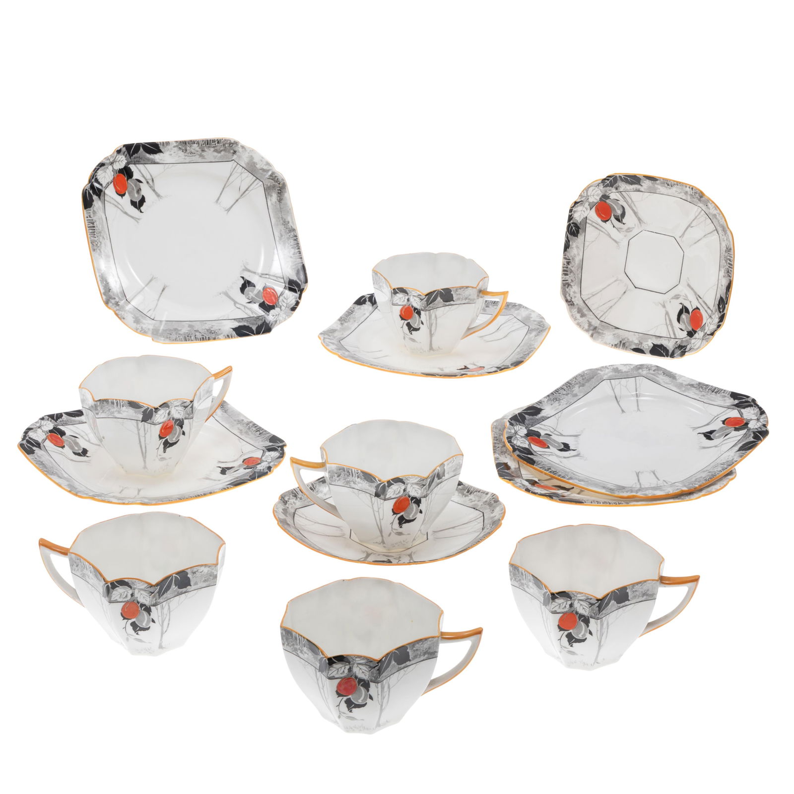 A Collection of English Art Deco Table Ware: A Collection of English Art Deco Table Ware Made by Shelly Including six tea cups 2 1/4in h. , two saucers 5 om (13cm) d. and five dessert plates,6 1/2in d.