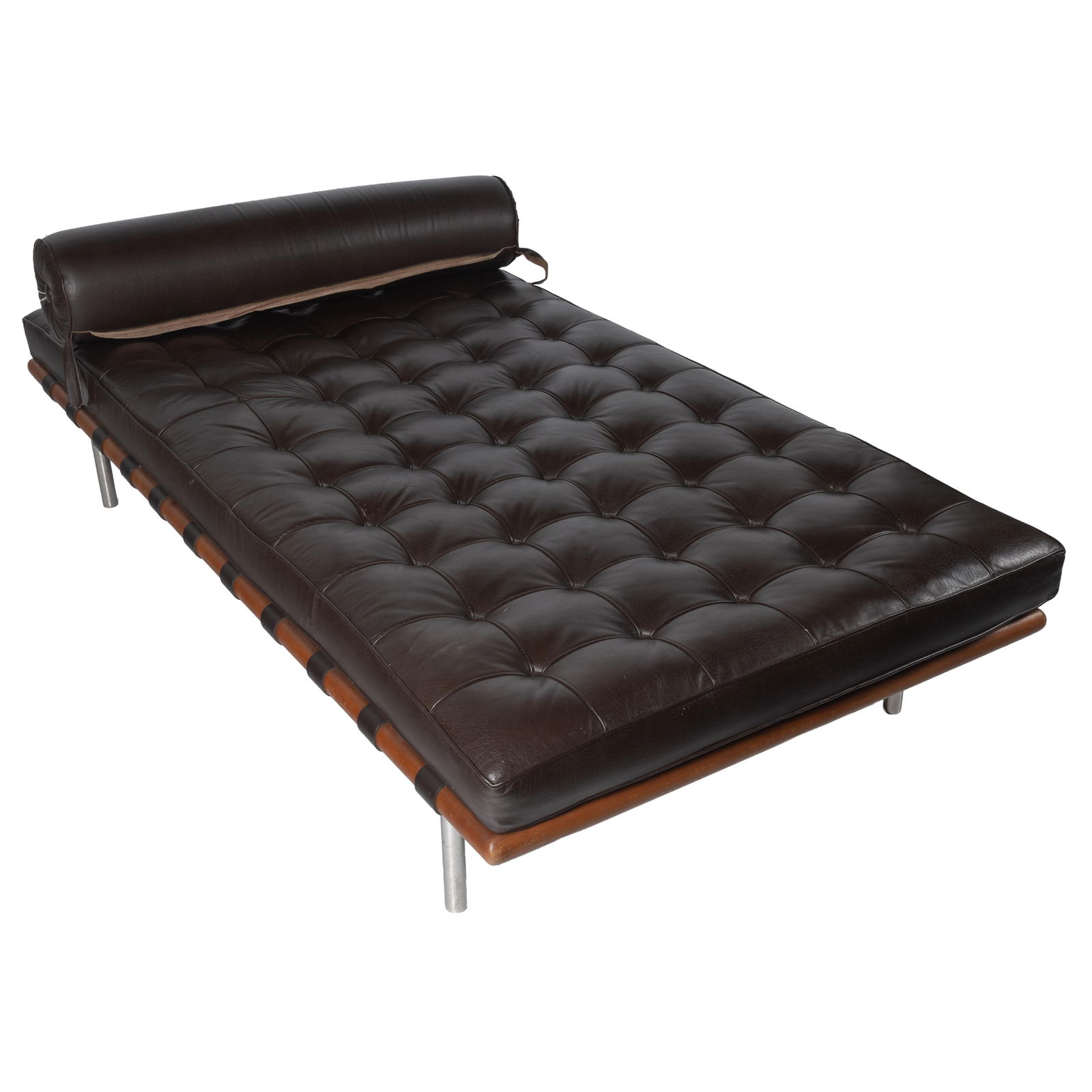 Barcelona Daybed, Ludwig Mies van der Rohe for Knoll: Barcelona Daybed Ludwig Mies van der Rohe for Knoll Button tufted leather with bolster. 16in (41cm) h. 78in (99cm) l. 38in (97cm) d. Condition: Minor scratches in leather. Missing a button Knoll