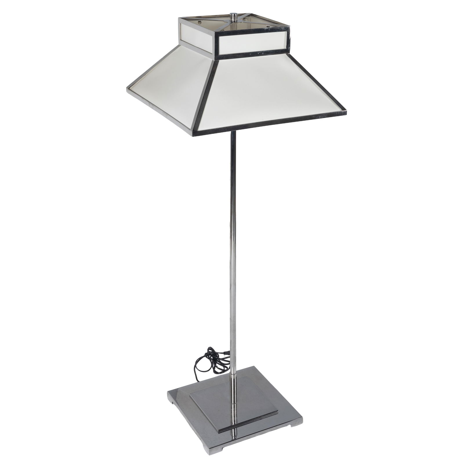 Casanova floor lamp from the Jacques Garcia Collection.: Casanova floor lamp from the Jacques Garcia Collection. Base, Stem & Shade Frame are made of polished stainless steel. The shade material is silk which is tightly fitted to the stainless steel frame.