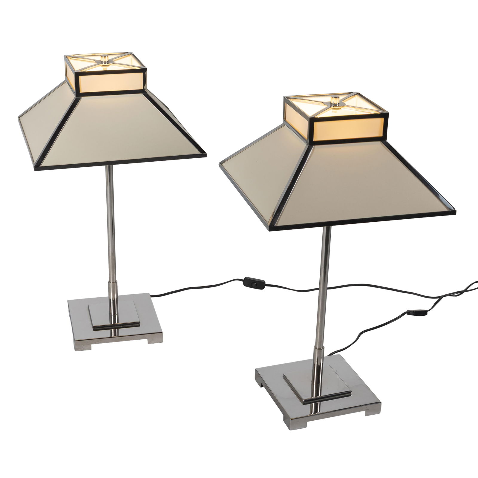 Pair of Casanova table lamps from the Jacques Garcia Collection.: Pair of Casanova table lamps from the Jacques Garcia Collection. Each of Contemporary style 28in (71cm h. 9 in sq (23cm) base Base, Stem & Shade Frame are made of polished stainless steel. The shade