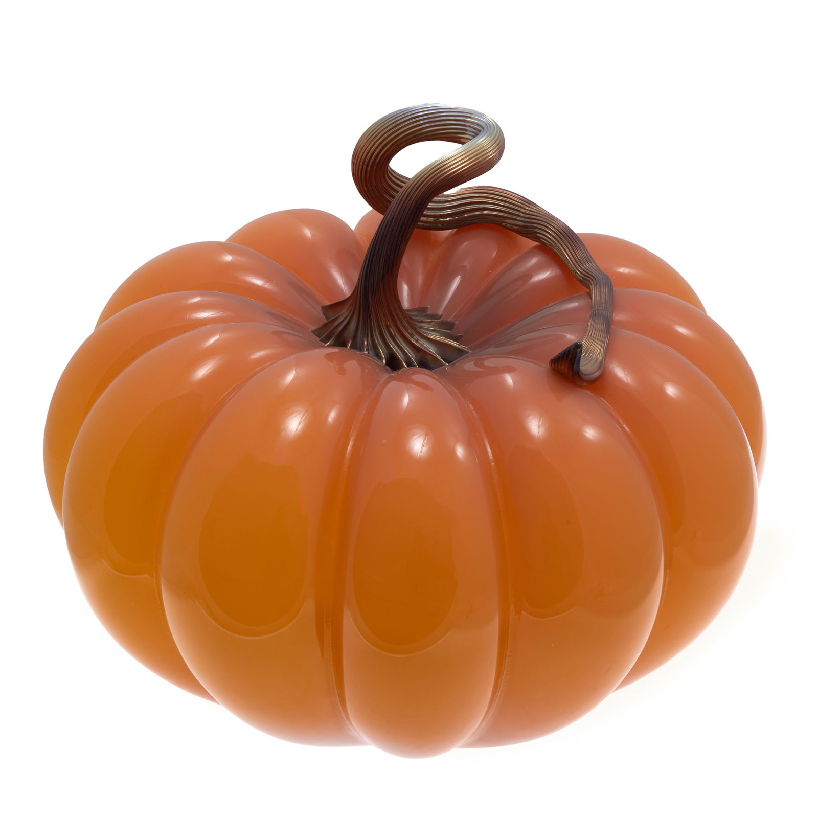 Cohn-Stone Studios Glass Pumpkin: Cohn-Stone Studios Glass Pumpkin Lobed orange glass with gilt stem. 13in (3cm) h. 14in (36cm) d. Condition: Very good