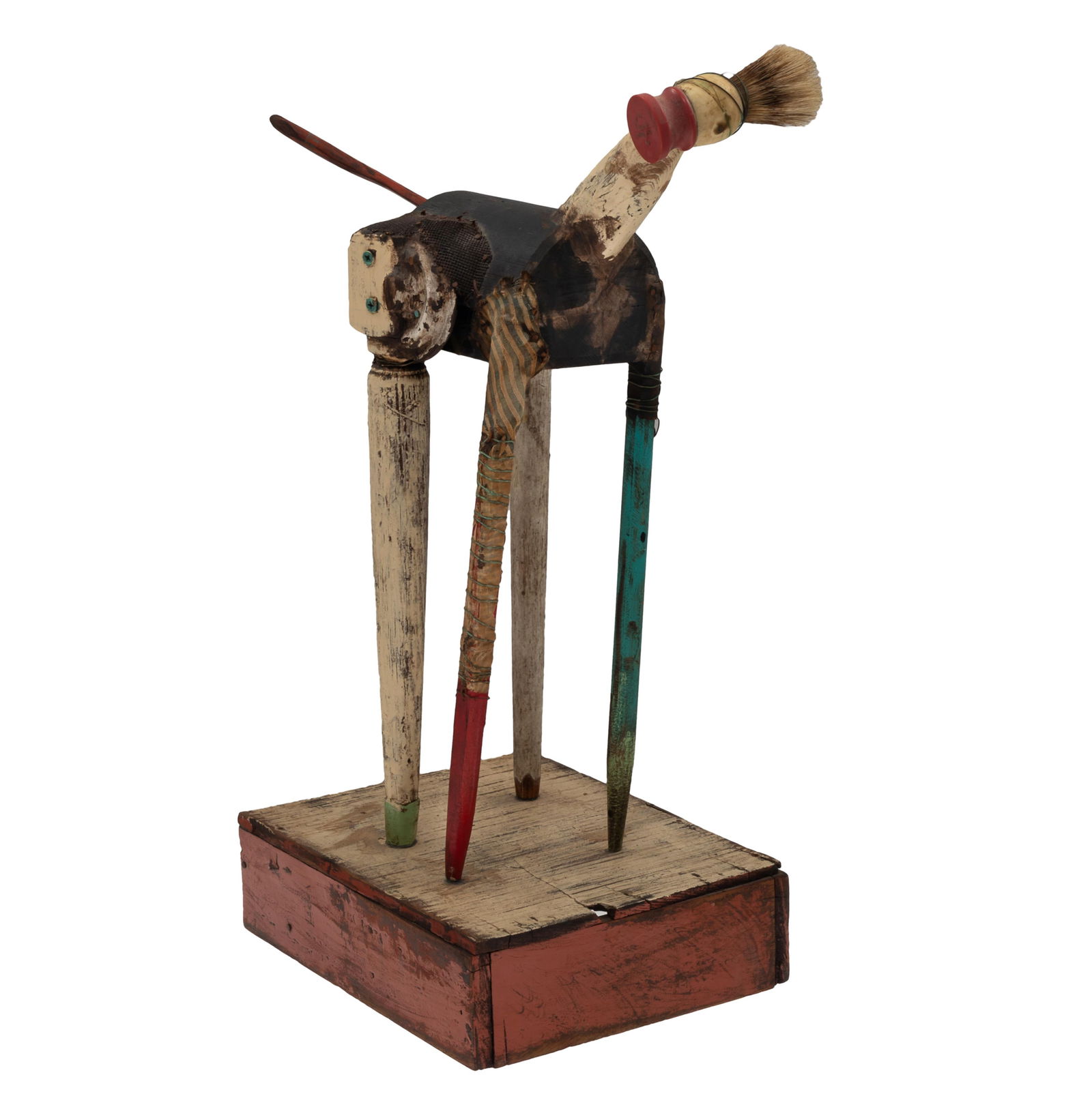 Cathy Rose Sculpture: Cathy Rose Sculpture Tall horse like figure. 22in (56cm) h base: 9in. x 11in (23cm. x 28cm) Figures mixed with textured found objects are the signature of Rose?s sculptures. The juxtaposition lends