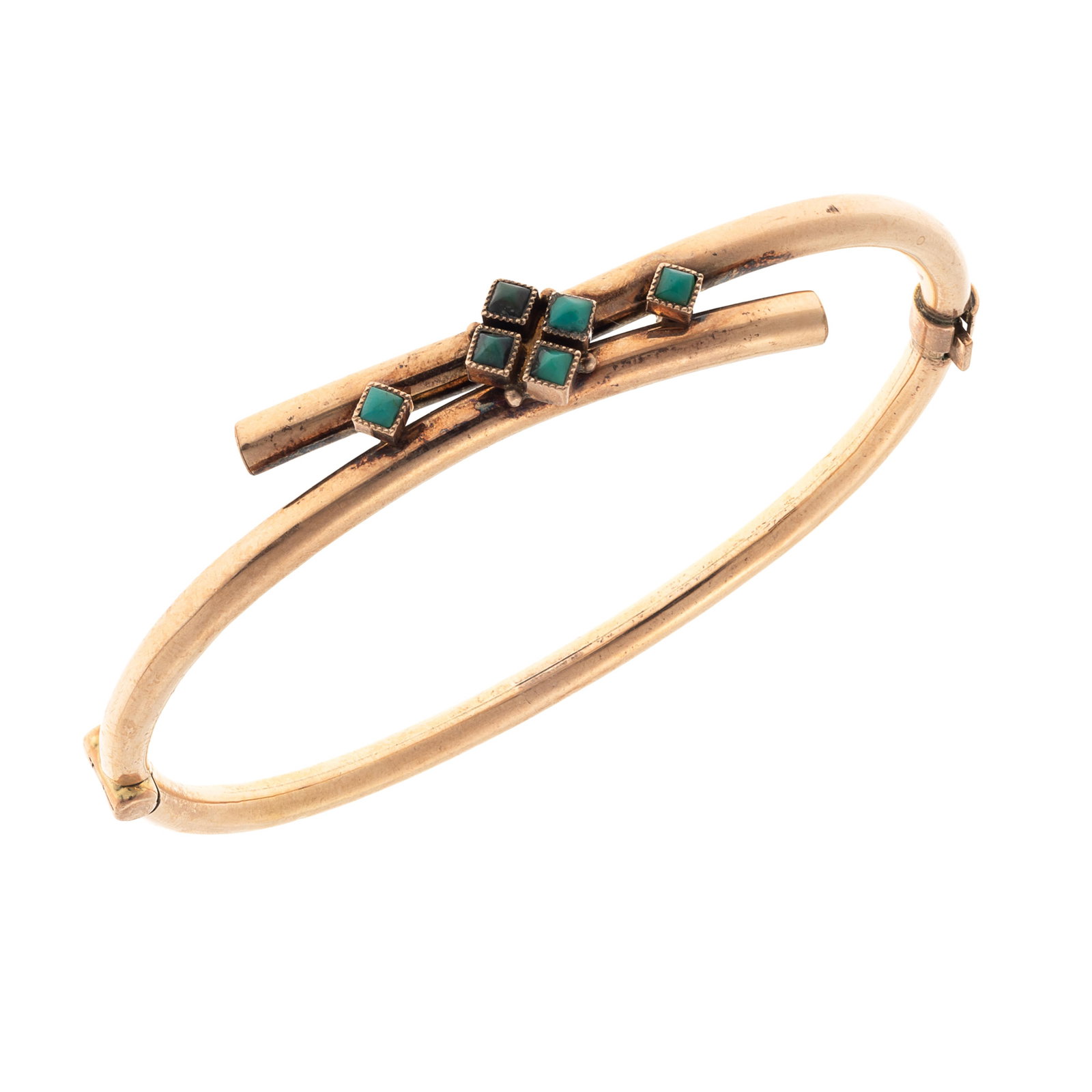 Victorian Turquoise, 10k Rose Gold Bracelet: Victorian Turquoise, 10k Rose Gold BraceletFeaturing six square turquoise cabochons, each measuring approximately 2.3 mm, set in a 10k rose gold by-pass style mounting completed by a push-button tongu