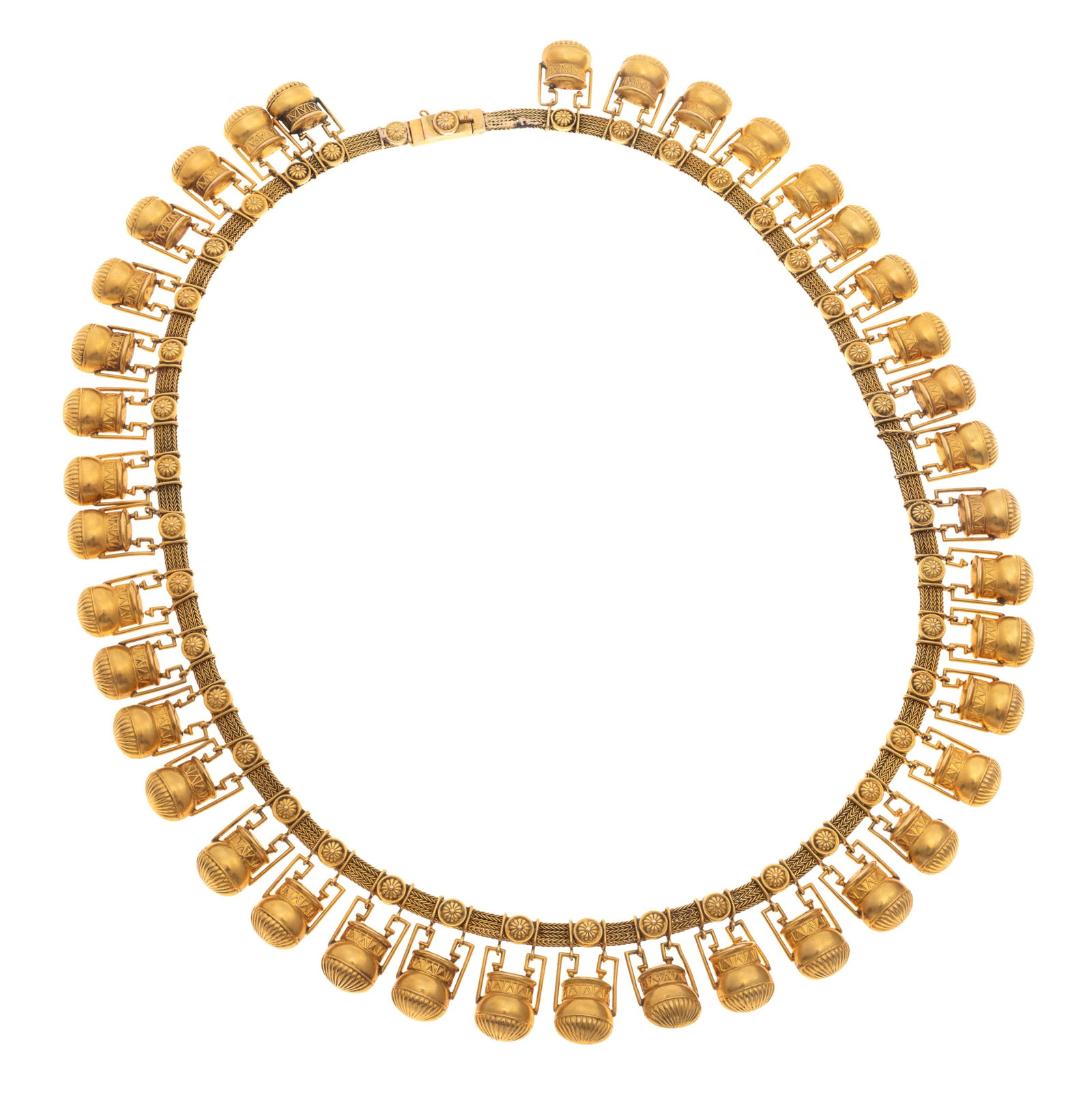 Victorian Etruscan Revival 14k Amphora Necklace: Victorian Etruscan Revival 14k Amphora NecklaceThe 14k yellow gold mesh links suspending a fringe of articulated amphora, measuring approximately 17.6 mm in width, completed by a hidden tongue-and-gro