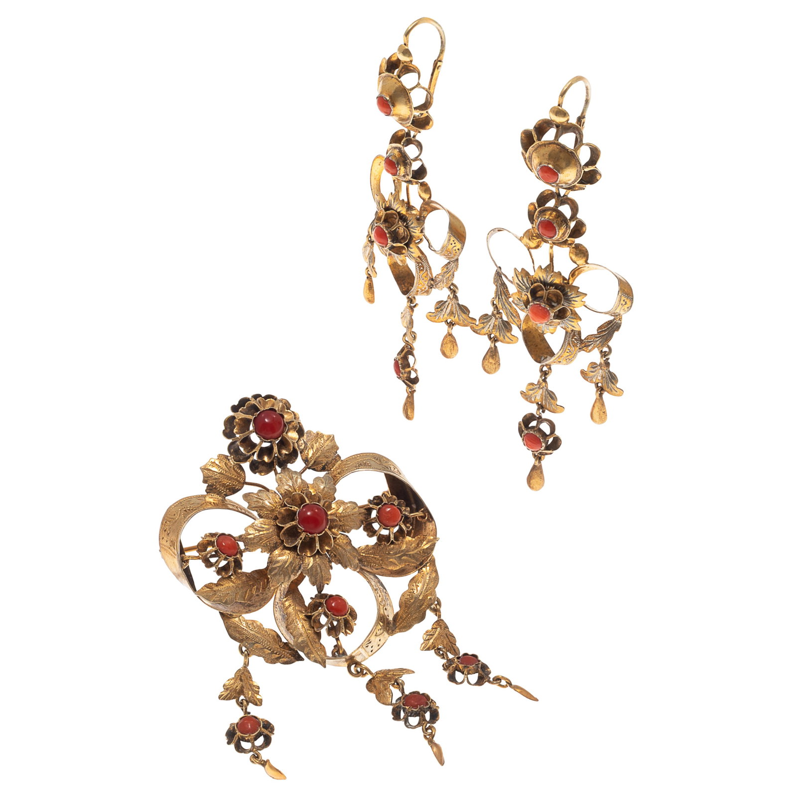 Georgian Coral, 9k Yellow Gold Jewelry Suite: Georgian Coral, 9k Yellow Gold Jewelry SuiteIncluding a brooch designed in a ribbon and floral motif, highlighted by eight round coral cabochons, set in a 9k yellow gold mounting measuring approximate