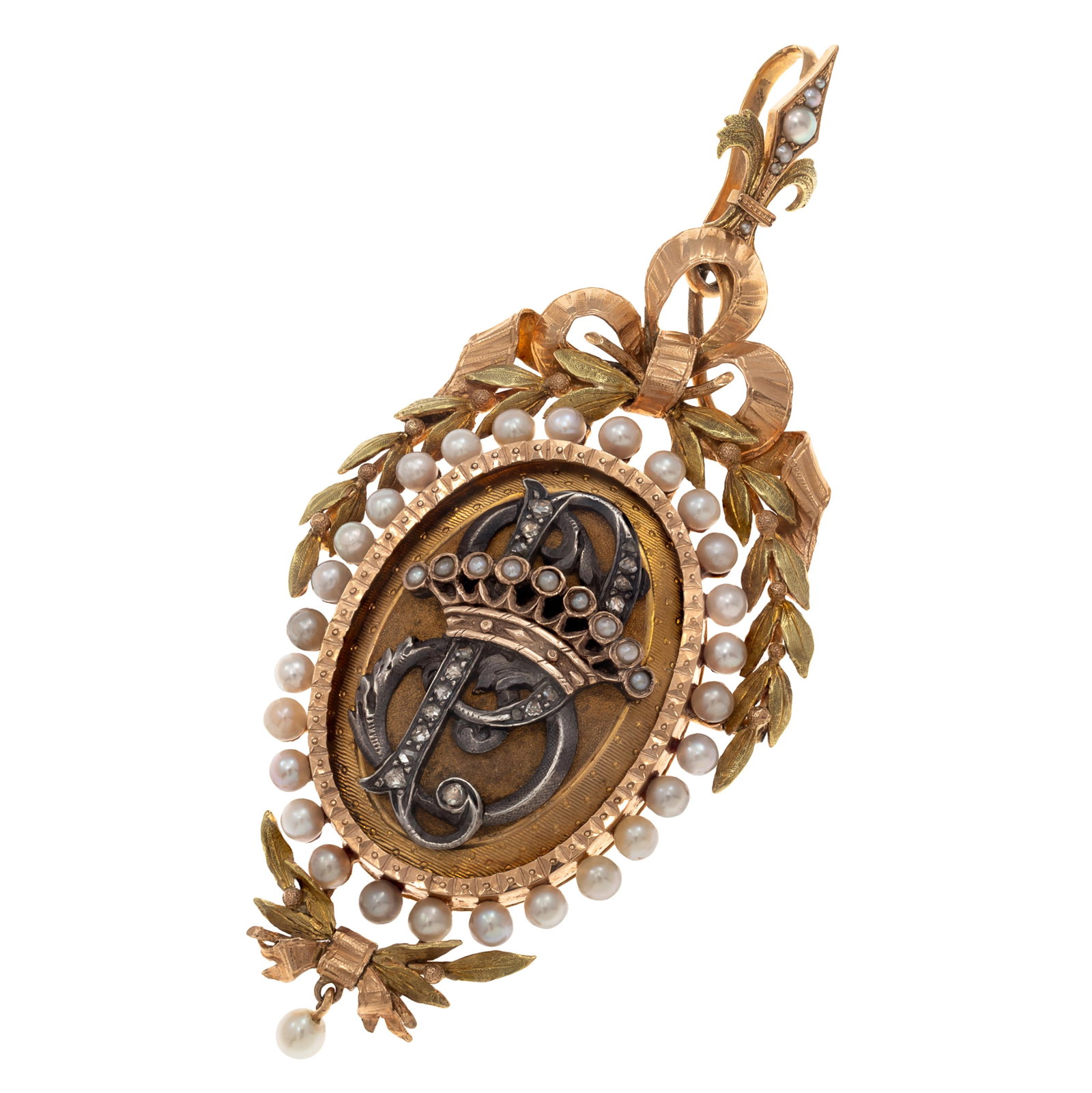 French Diamond, Seed Pearl, 18k, Silver Pendant: French Diamond, Seed Pearl, 18k, Silver PendantCentering a gold crown topped by nine seed pearls and perched over a rose-cut diamond, silver monogram, all framed by twenty-eight pearls, set in an 18k