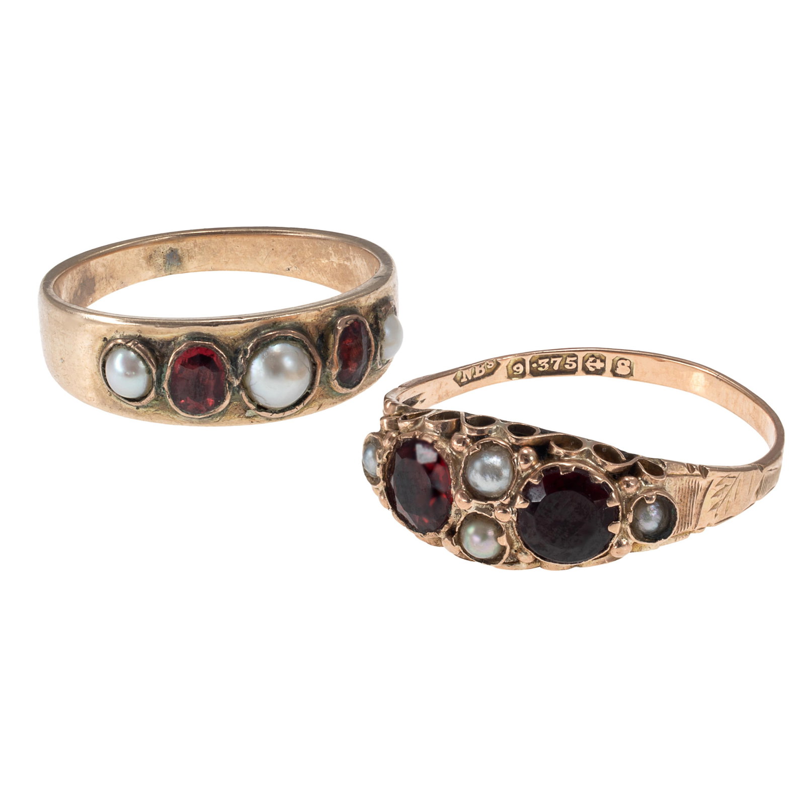 Collection of Two Victorian Garnet, Split Pearl Rings: Collection of Two Victorian Garnet, Split Pearl RingsIncluding one ring featuring two oval-cut garnets accented by four split pearls, set in a 9k rose gold mounting, size 7 3/4, English marks: Birming