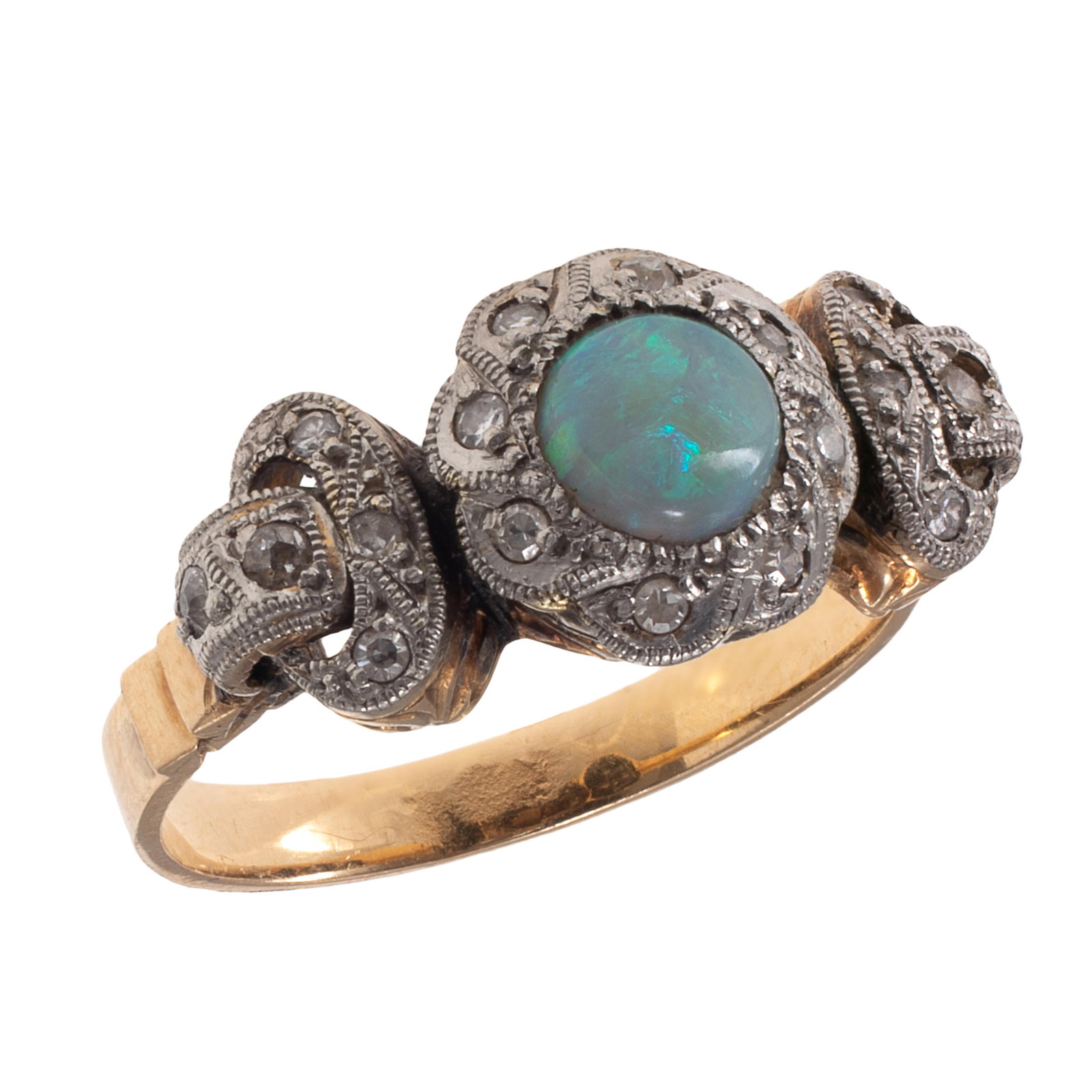 Edwardian Opal, Diamond, 14k Ring: Edwardian Opal, Diamond, 14k RingCentering a round-cut opal cabochon measuring approximately 5.0 mm, accented by eighteen single-cut diamonds weighing a total of approximately 0.25 cttw., set in a 14k