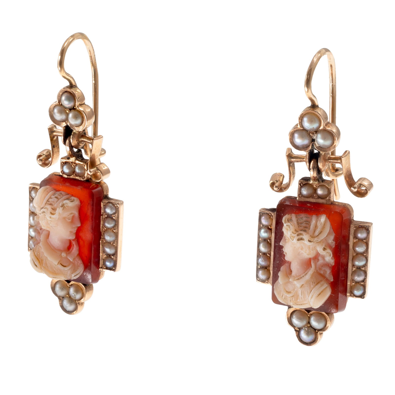 Pair of Victorian Hardstone Cameo, Seed Pearl, 14k Earrings (1 of 4)
