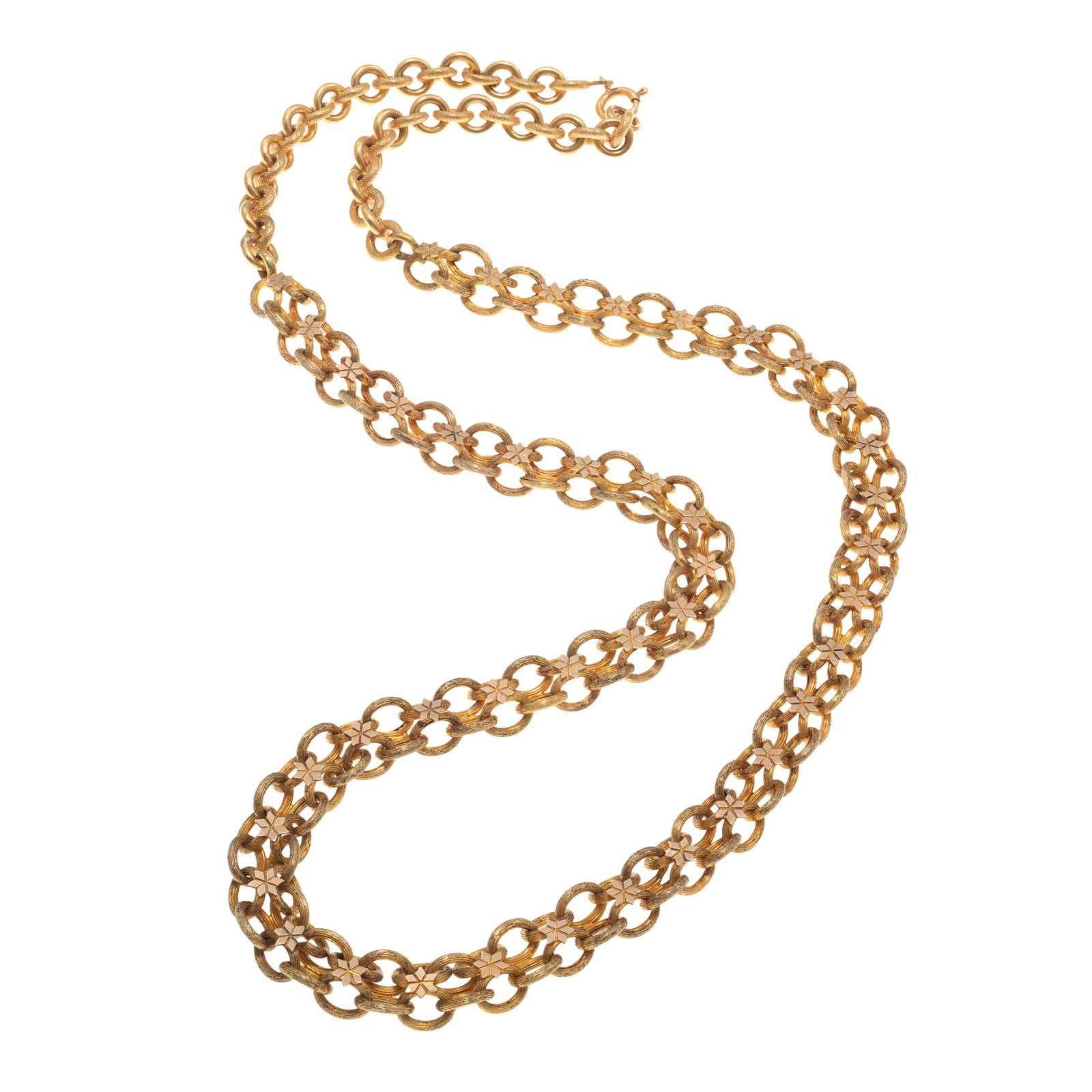 Victorian 18k, 14k Neck Chain: Victorian 18k, 14k Neck ChainFeaturing 14k yellow gold cable links highlighted by flower-shaped plaques, joined to added 18k yellow gold cable links completed by an 18k yellow gold spring ring clasp f