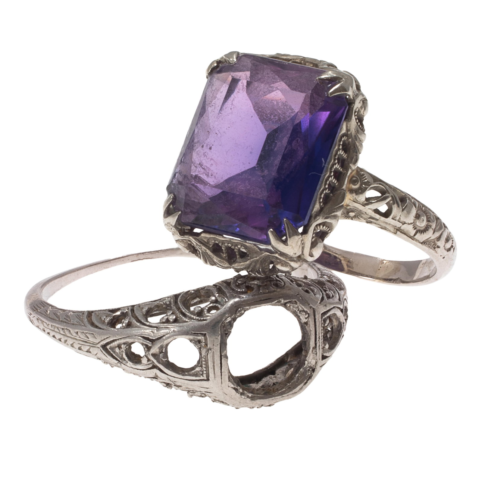 Collection of Two Art Deco Platinum, 14k Rings: Collection of Two Art Deco Platinum, 14k RingsIncluding a platinum ring mounting, size 7 3/4; together with a ring featuring a synthetic alexandrite-like sapphire measuring approximately 12.20 x 9.41