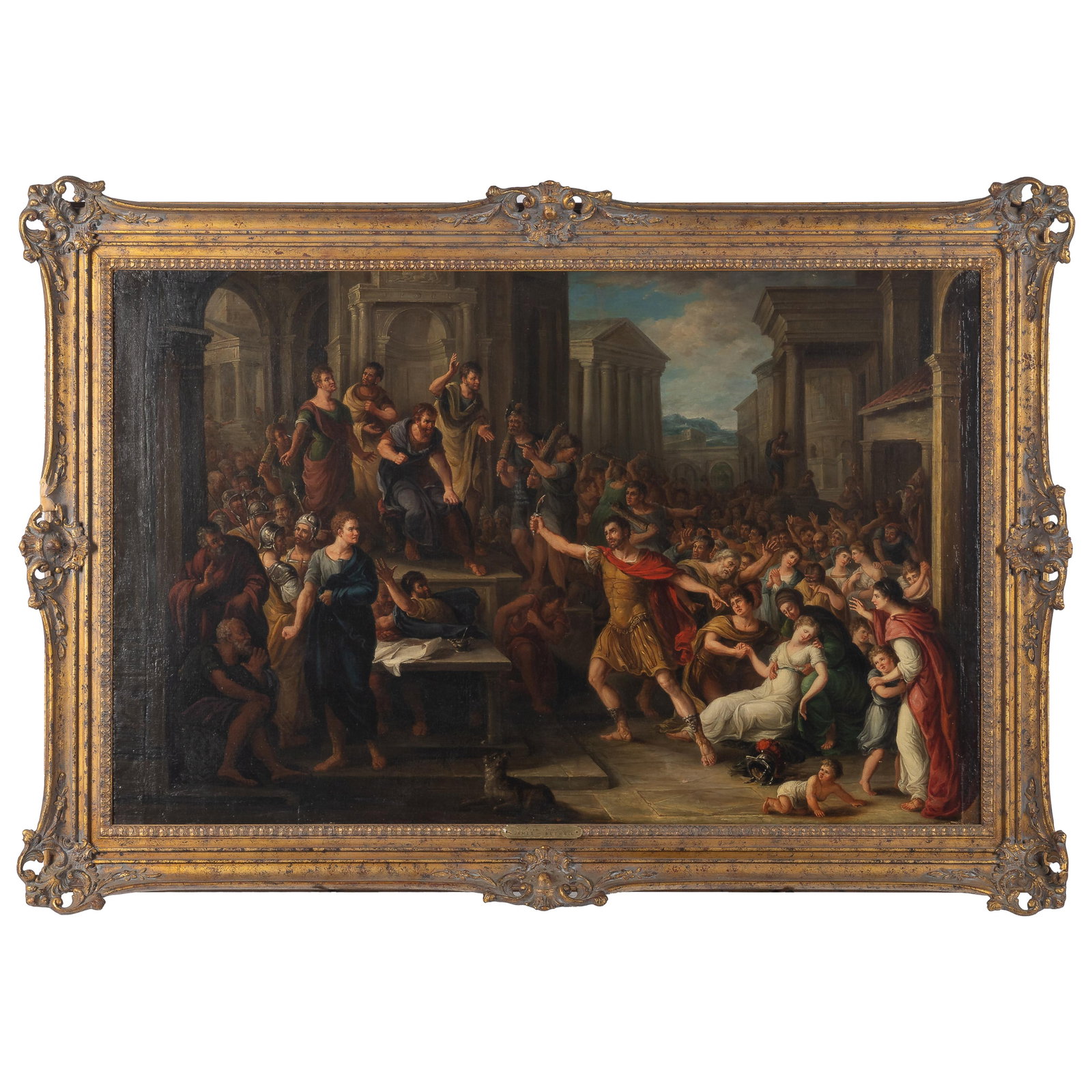 James Bethell (British, 19th Century).: James Bethell (British, 19th Century). The Death of Lucretia. Oil on canvas 31 x 48in. (78.7 x 121.9cm). 40 x 50in. (101.5 x 127cm/frame). Provenance: Butterfield & Butterfield, San Francisco/Los