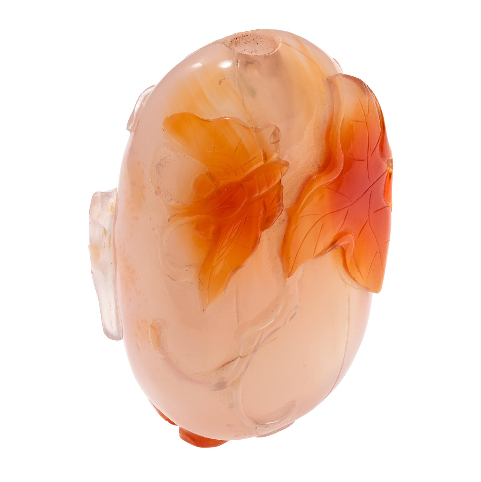 Carved Agate Snuff Bottle: Carved Agate Snuff Bottle Carved with scrolled leafy vines. 2 1/4in (6cm)