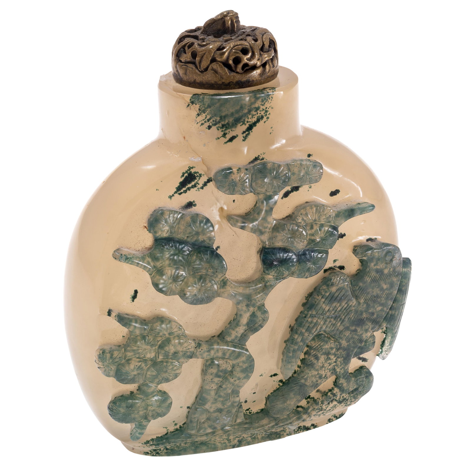 Carved Agate Snuff bottle: Carved Agate Snuff bottle Carved with a large bird and exotic vine. 3in (7 1/4cm.)