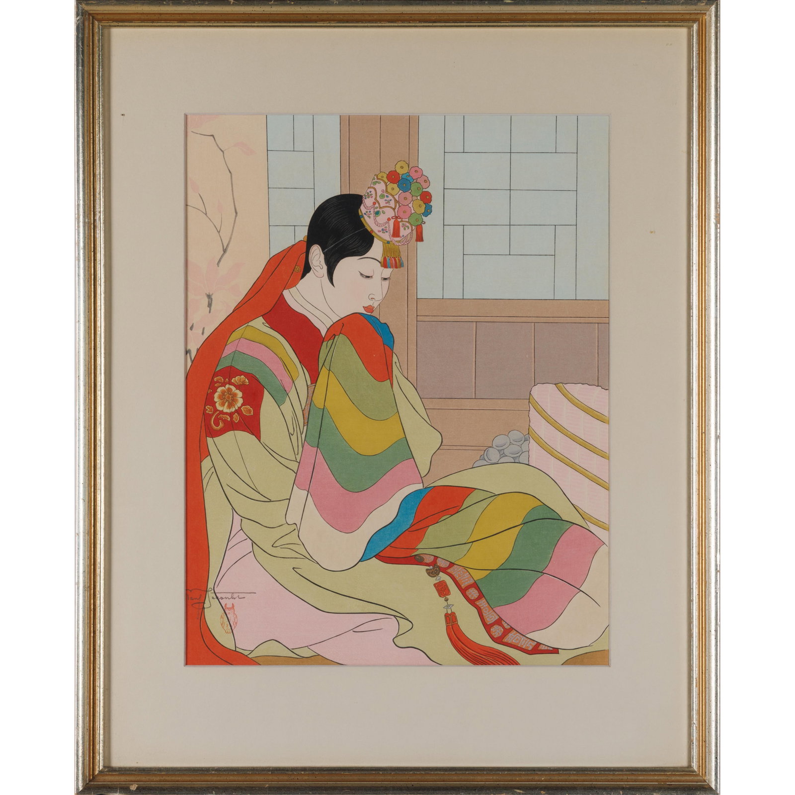 Paul Jacoulet (French/Japanese, 1896-1960).: Paul Jacoulet (French/Japanese, 1896-1960).La Mariee, Seoul Coree (The Bride, Seoul, Korea), 1948.Color woodblock print with silver mica, signed in pencil and with the artist's Owl seal, no edition nu
