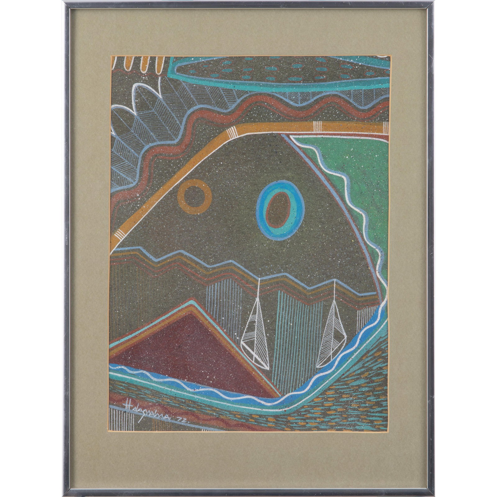 Terrance Talaswaima (Hopi 1939-1983): Terrance Talaswaima (Hopi 1939-1983) Hopi symbolism Acrylic on board. Signed l/l 15in. x 11in (38cm.x 28cm) Framed: 20in. x 15in (51cm. x 39cm) Talaswaima was from the village of Shungopavi on the