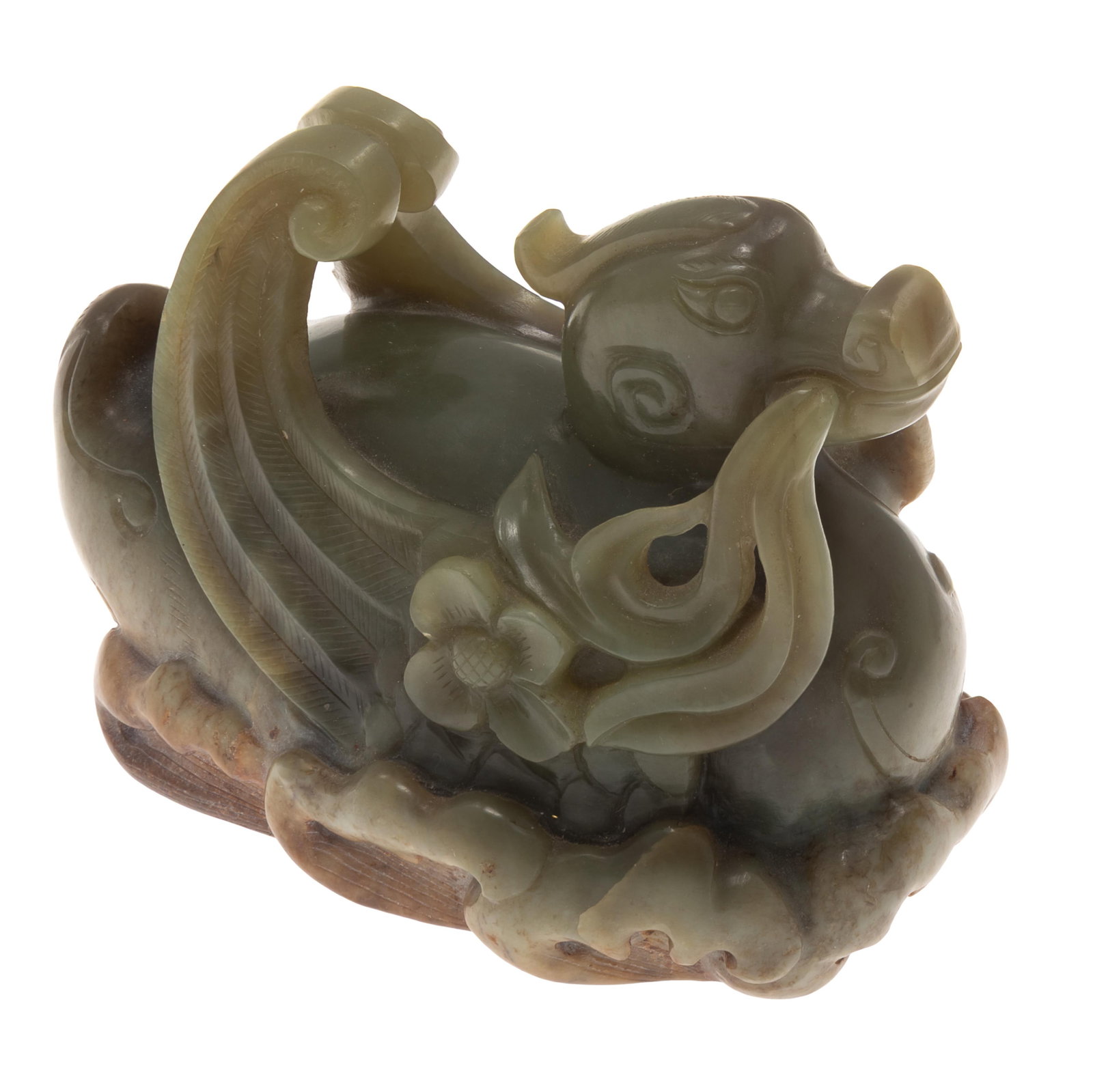 Nephrite Figure of a Fanciful Bird: Nephrite Figure of a Fanciful Bird Ming dynasty or later. The carved winged creature floating on hardstone waves. 2 1/2in (9cm) h.4in (10cm) l