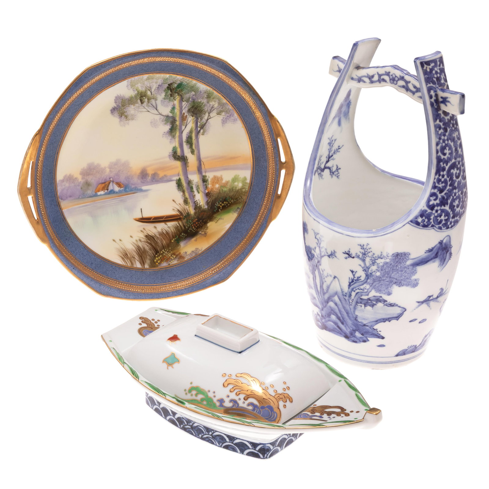 Arita Ware Japanese Ceramics: Arita Ware Japanese CeramicsIncluding a wishing well form vase 12in h. and a covered boat form serving dish 11in l. and a center bowl with gilt rim decorated with a lake side scene with a rowing boat