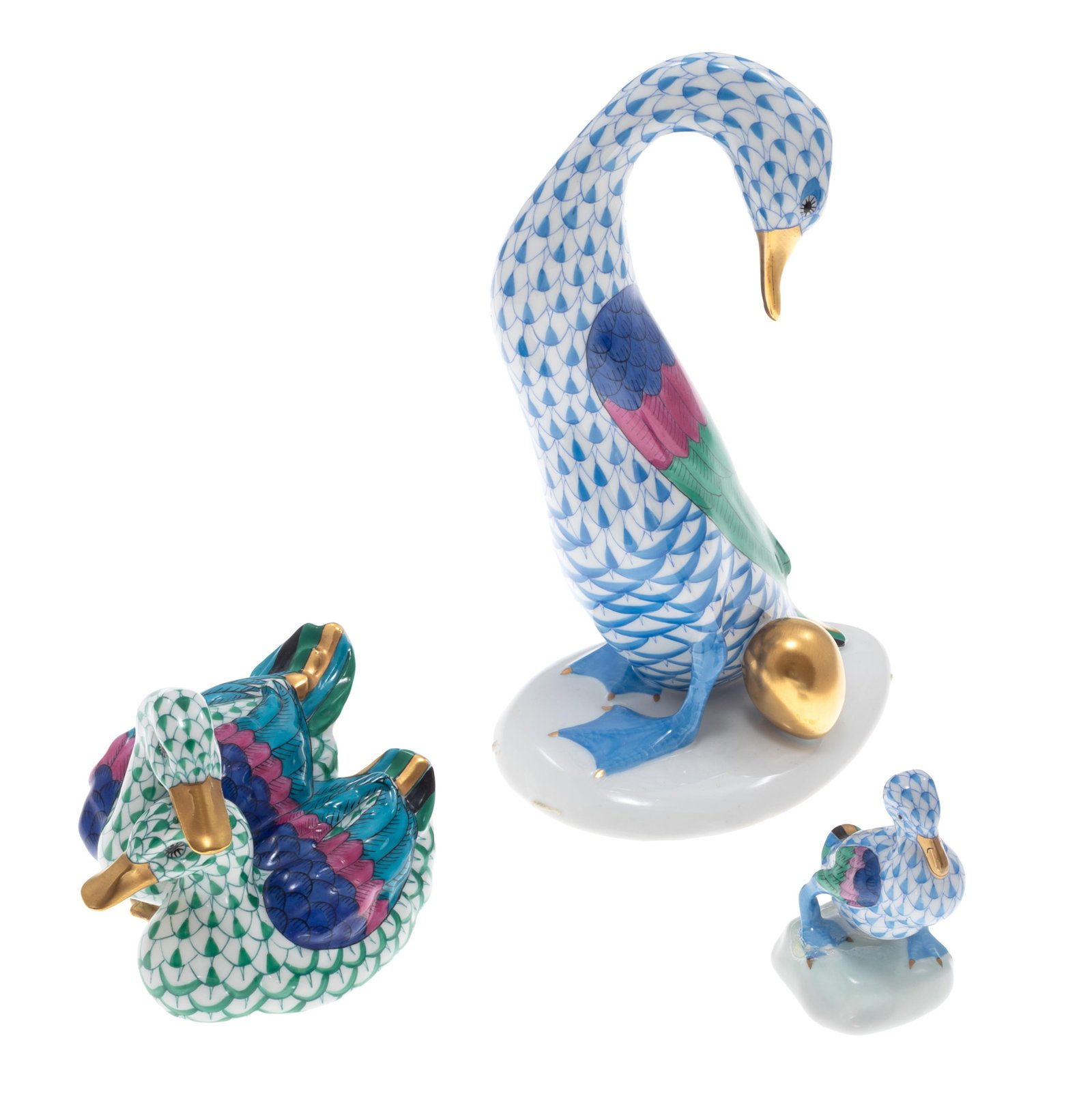 Group of Herend Porcelain Animals: Group of Herend Porcelain Animals All decorated in fish net pattern with gilt, including; a goose with a golden egg 8in (20cm) h., a pair of ducks 3 1/2in )9cm) and small duck 3in a98cm) 
