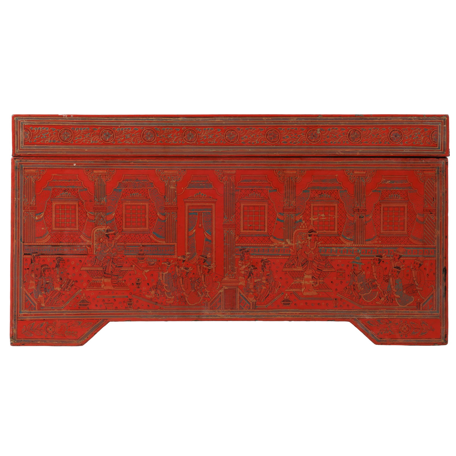 Chinese Red Lacquer Trunk: Chinese Red Lacquer Trunk Decorated with a lively court scene featuring musicians. 16in (41cm) h. 30in (76cm) l. 18in (46cm) d