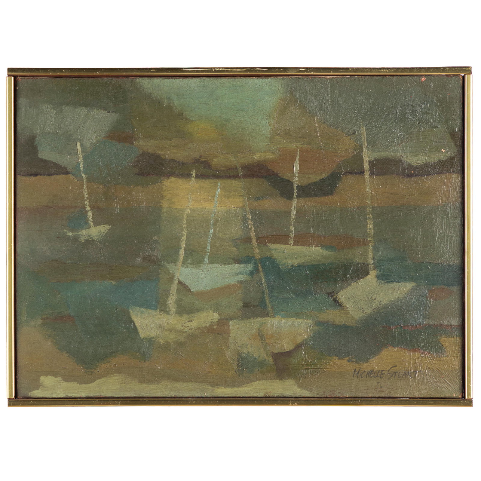 Michelle Stuart (American, b. 1940).: Michelle Stuart (American, b. 1940). Harbor Scene, 1956. Oil on canvas, signed and dated (lower right), framed. 13 x 18in. (33 x 45.5cm). 13 3/4 x 19in. (35 x 48.3cm/frame).